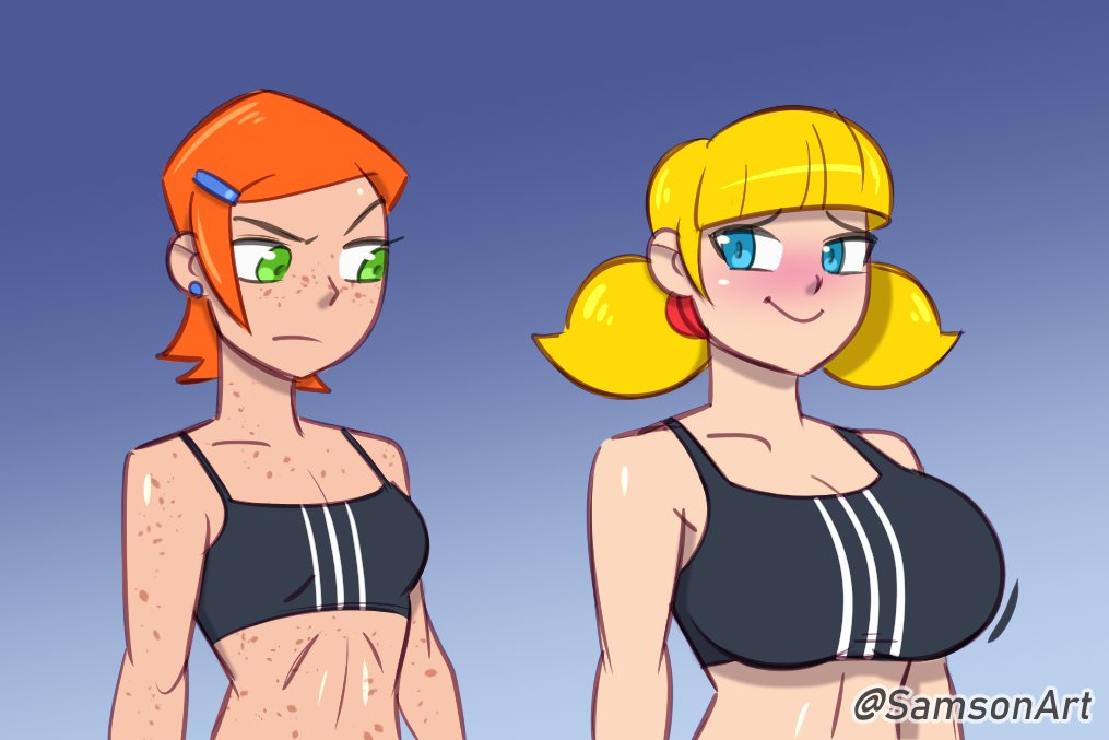 2girls ben_10 big_breasts blonde_hair blue_eyes breast_envy breasts busty crop_top crossover female female_focus female_only freckles green_eyes gwen_tennyson hourglass_figure inspector_gadget long_hair medium_support_(meme) multiple_girls penny_gadget red_hair samson_00 samsonart short_hair size_comparison size_difference small_breasts sports_bra sportswear twintails wide_hips