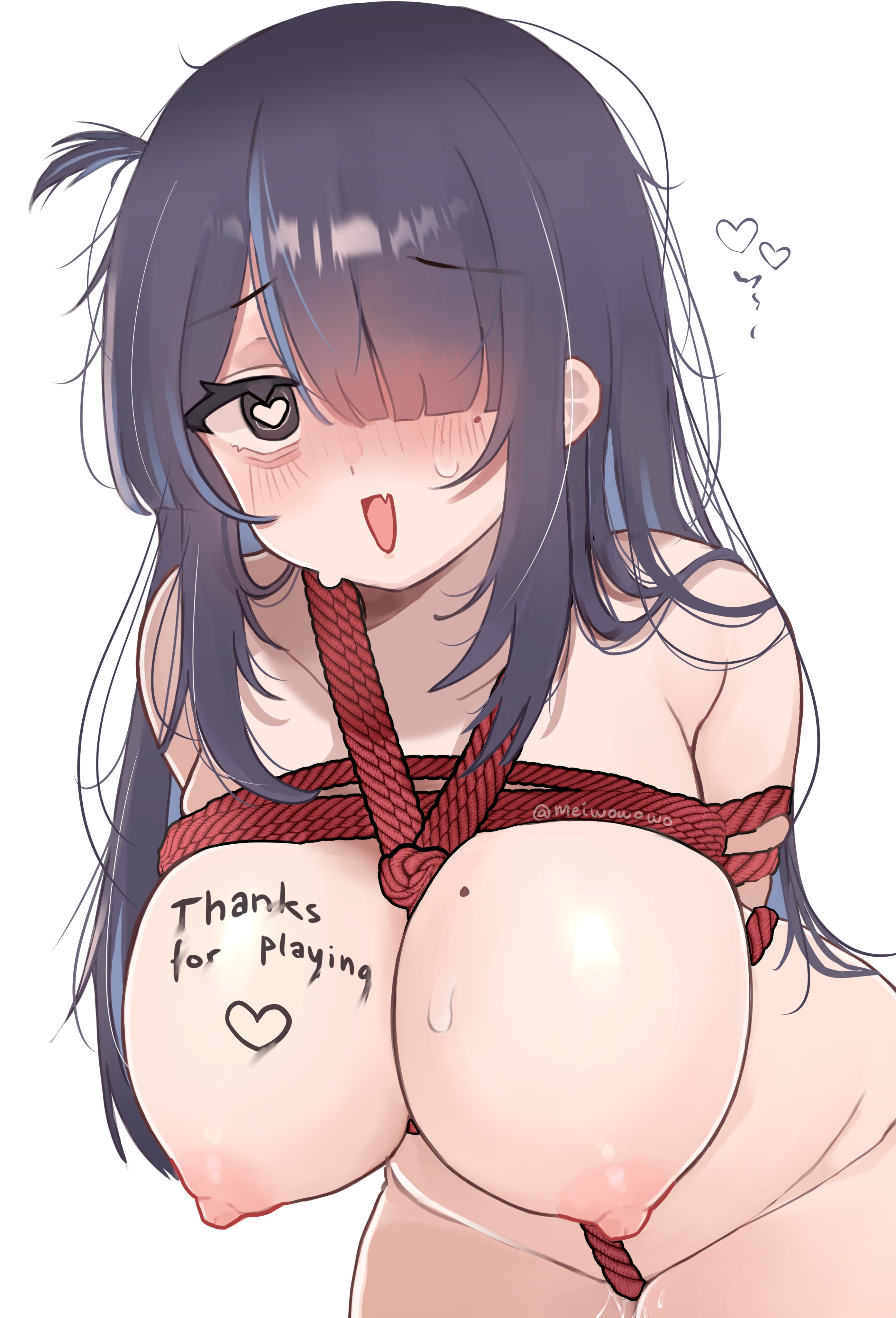 1girls, black hair, blush, body writing, bondage, bound, breasts, cute fang, eyebrows visible through hair, female, femsub, hair over one eye, happy sub, heart, heart-shaped pupils, large breasts, long hair, looking at viewer, meiwowowo, mole, mole on breast, mole under eye, nipples, nude, open mouth, rope, rope bondage, shibari, solo, symbol-shaped pupils, tied up, white background
