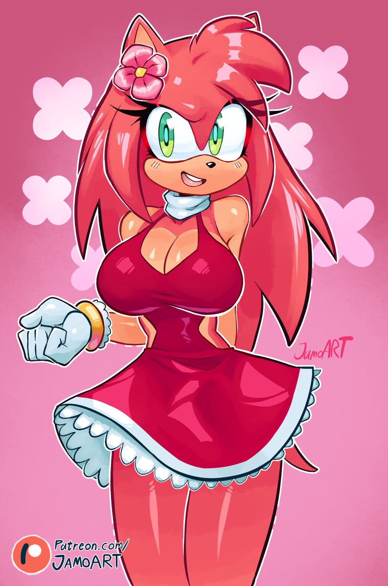 alternate_breast_size amy_rose anthro big_breasts breasts cleavage clothing female flower_in_hair furry gloves green_eyes hedgehog jamoart long_hair no_sleeves pink_hair red_dress solo sonic_(series) sonic_the_hedgehog_(series)