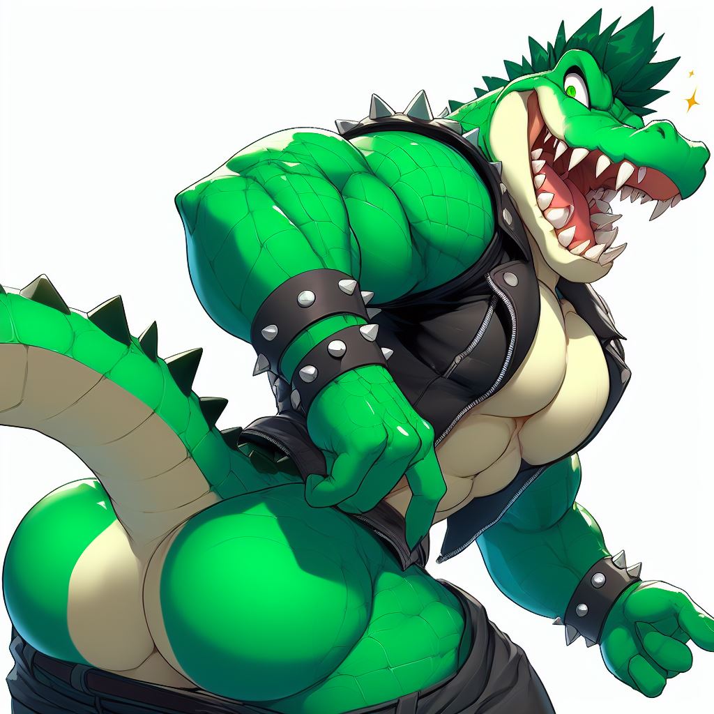 big_ass big_butt crocodile crocodilian green_eyes green_hair green_scales green_skin male_only muscular necklace pants_down pectorals pointed_tail pointed_teeth reptile smile tail