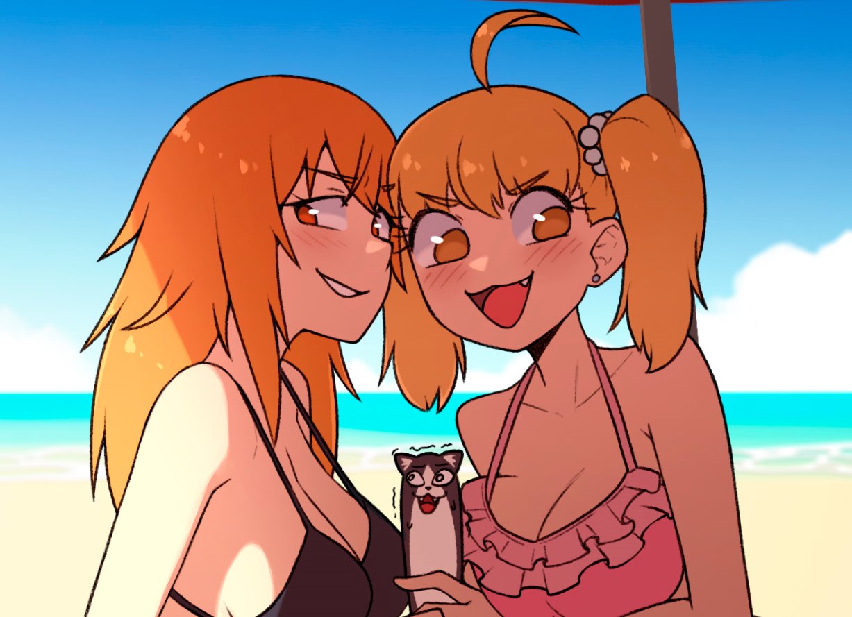 1boy 2girls beach big_breasts bikini blonde_hair blush breasts brown_eyes characterful clothed clothing curvy female gamo-chan handjob hi_res highres light-skinned_female light_skin long_hair medium_hair naoto_hachioji_(senpai) orange_eyes orange_hair pigtails please_don't_bully_me,_nagatoro revealing_clothes simple_background tobias_wheller wide_hips yoshi_(nagatoro)