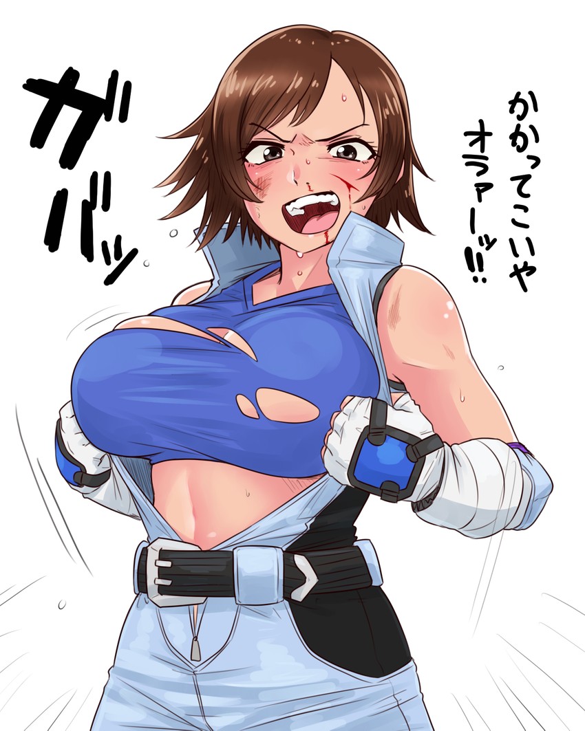 accidental_exposure athletic_female big_breasts breasts brown_hair female female_only flat_belly japanese_text jumpsuit kazama_asuka looking_at_viewer scars short_hair smug sweat tekken tomboy tsubasa_(godbardtsubasa) white_background