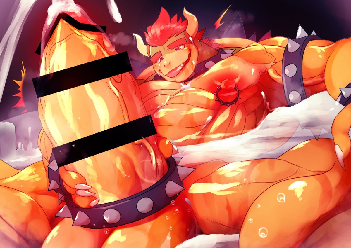 anthro bar_censor bowser censored comic container cum cumshot ejaculation erection hatake huge_penis male male/male male_only manga mario_(series) muscles muscular muscular_male penis solo testicles