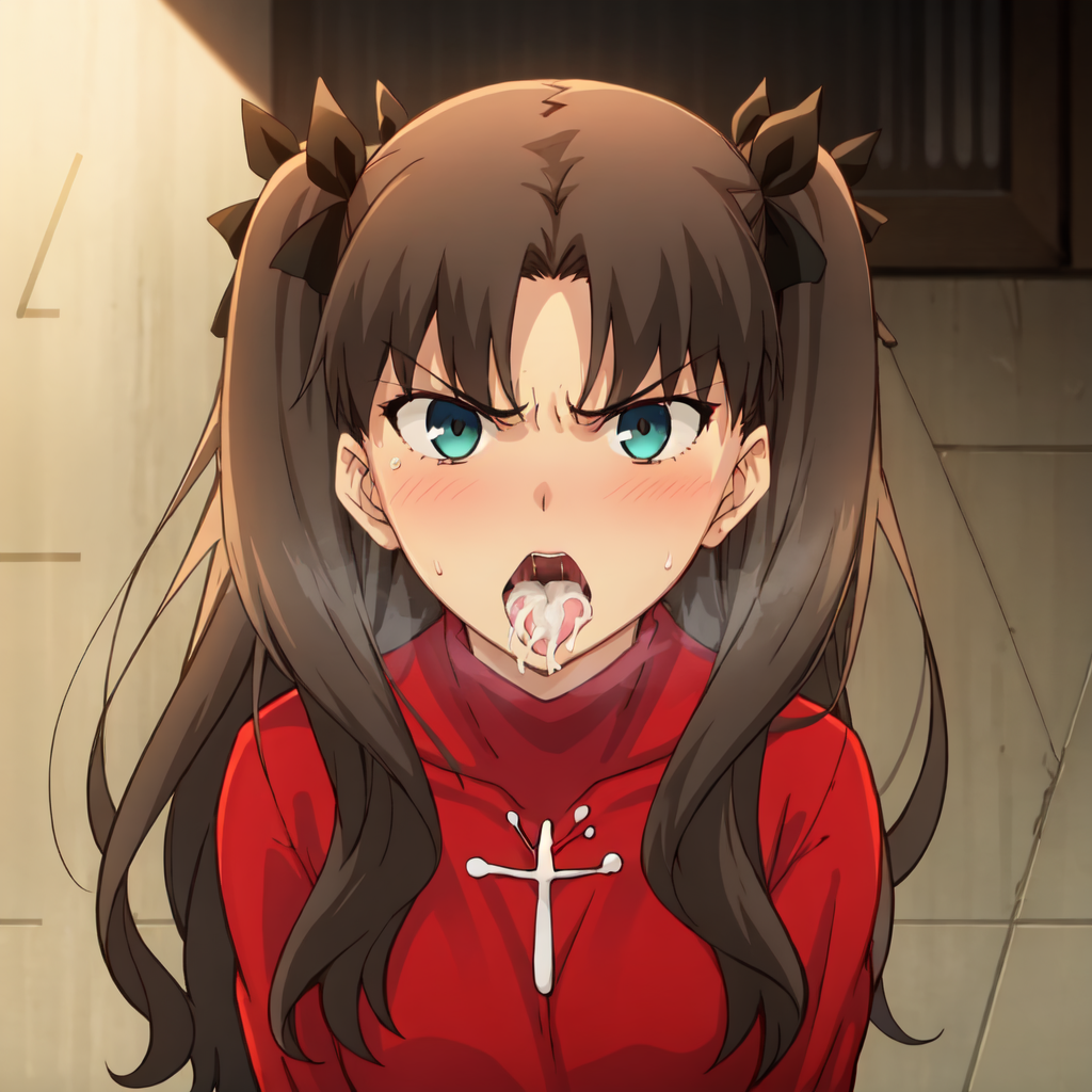 1girls ai_generated blue_eyes blush brown_hair cum cum_in_mouth fate/stay_night fate_(series) ishtar_(fate) open_mouth sweat tohsaka_rin tongue twintails