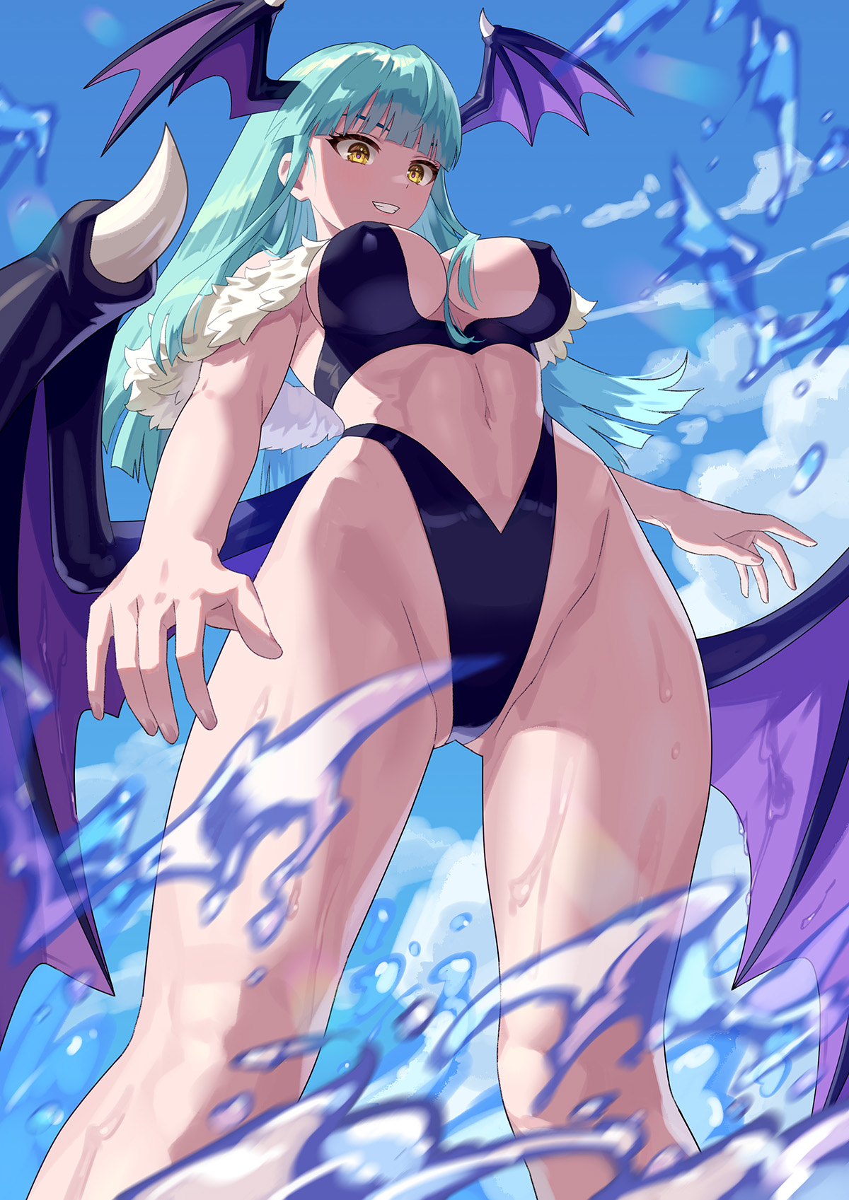 breasts, darkstalkers, demon, female, female only, morrigan aensland, outdoors, outside, small breasts, solo, succubus, swimsuit, tagme, yagi2105