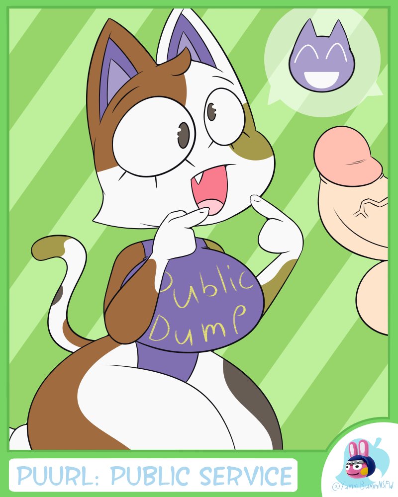 animal_crossing anthro balls big_breasts breasts brown_body brown_fur clothing derp_eyes disembodied_penis domestic_cat eyelashes felid feline felis female fur genitals green_background grey_body grey_eyes grey_fur head_tuft huge_breasts kneeling leotard light-skinned_male male mammal nintendo open_mouth pattern_background penis pointing_at_mouth purple_clothing purple_leotard purrl_(animal_crossing) simple_background snaggle_tooth solo striped_background text thick_thighs tuft white_body white_fur wide_hips yummercummer