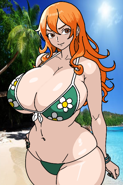 1girls background beach big_breasts bikini bikini_bottom bikini_top boobs breasts brown_eyes clothed female female_only fingers flower flower_bikini flower_print hair half-dressed huge_breasts huge_thighs human human_only long_hair looking_at_viewer nami ocean one_piece orange_hair post-timeskip sand smile smiling smiling_at_viewer sun sunlight thick_thighs thighs wide_hips