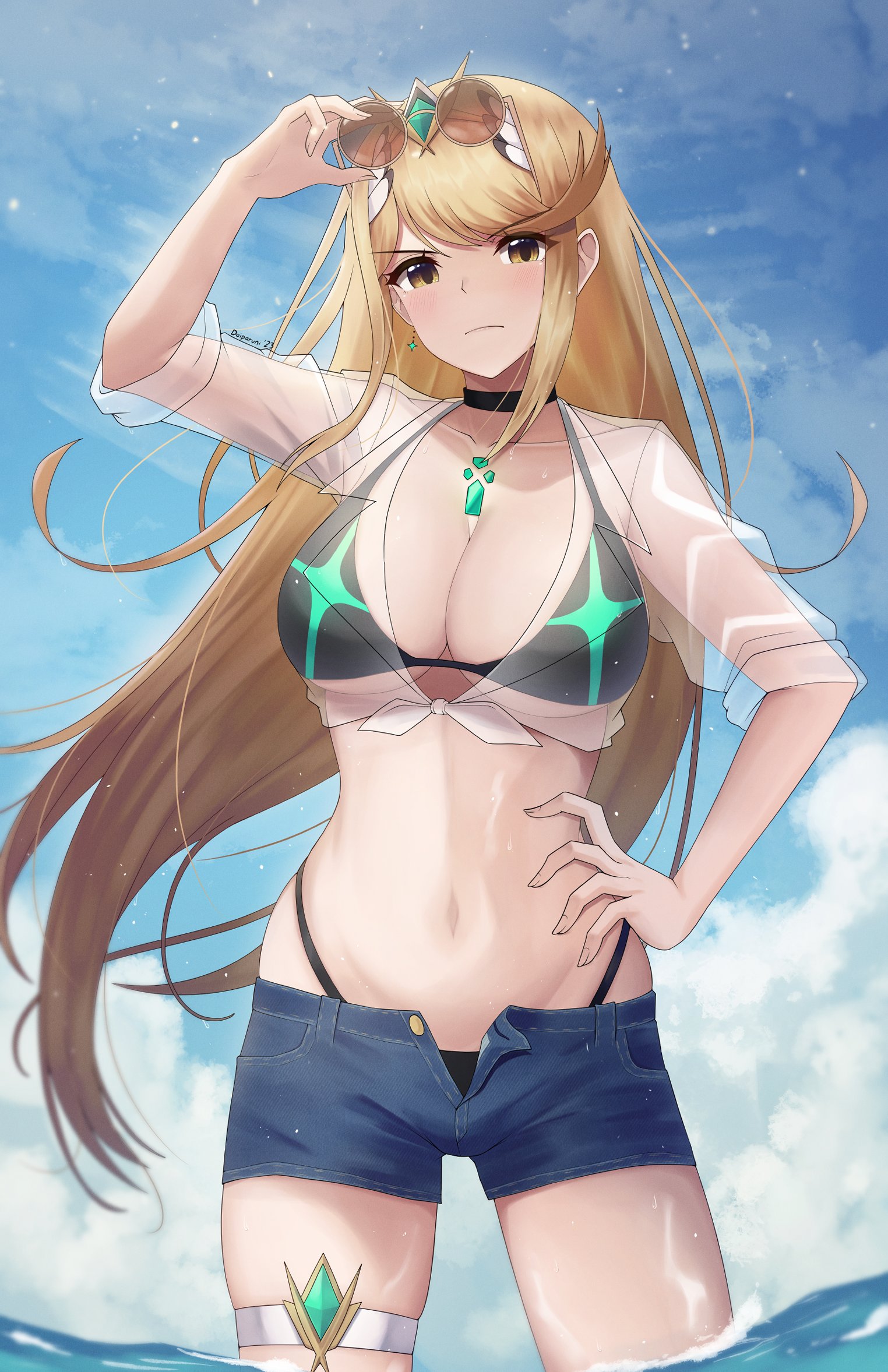 1girls, blonde, blonde hair, breasts, core crystal, doiparuni, female, female only, looking at viewer, mythra, nintendo, see-through, see-through clothing, solo, swimsuit, wet, wet clothes, xenoblade (series), xenoblade chronicles 2
