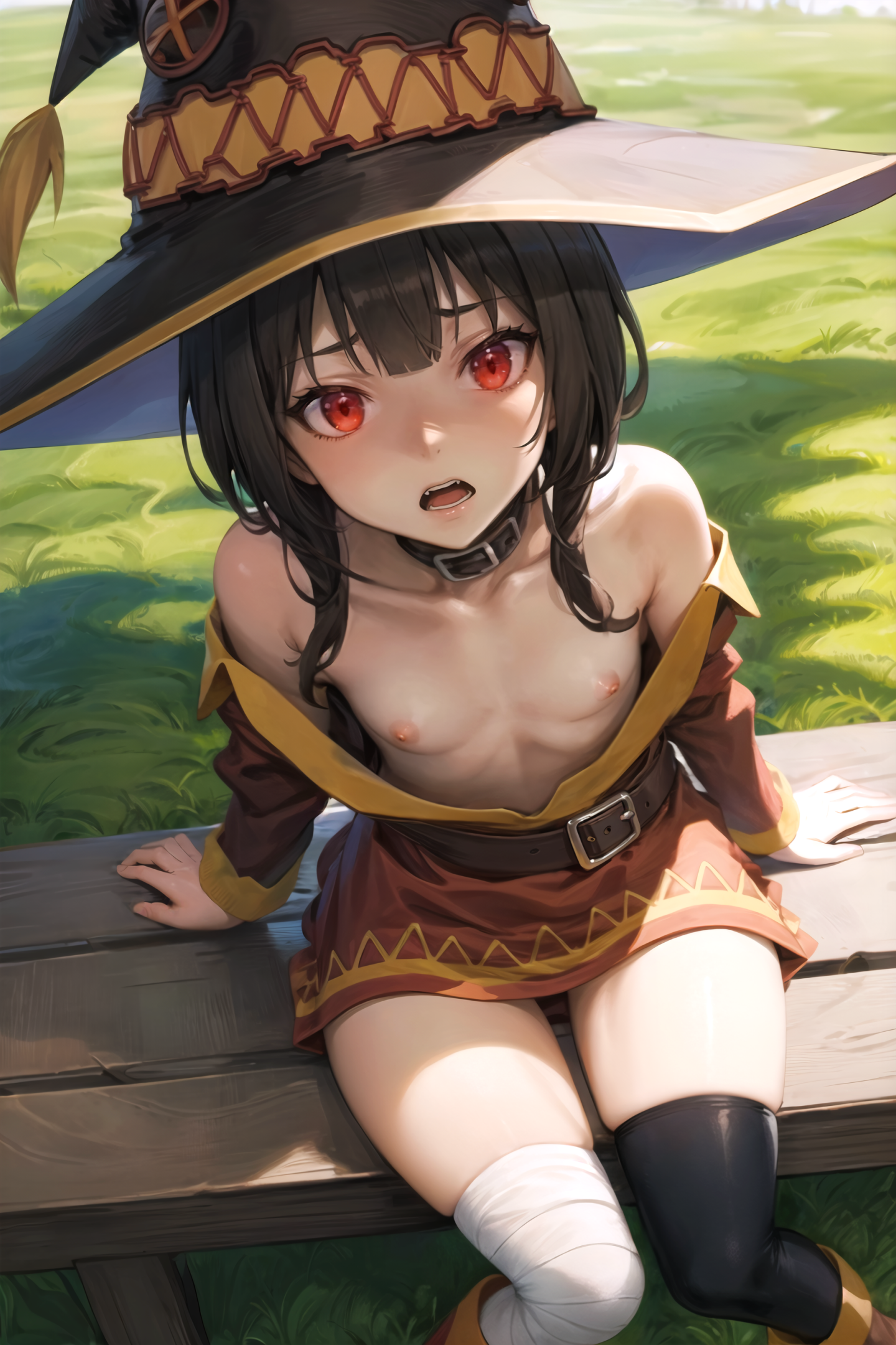 ai generated, ap2-ai-artist, breasts, brown hair, dress, female, flat chest, from above, hi res, high resolution, kono subarashii sekai ni shukufuku wo!, medium hair, megumin, nipple slip, nipples, red eyes, small breasts, witch hat