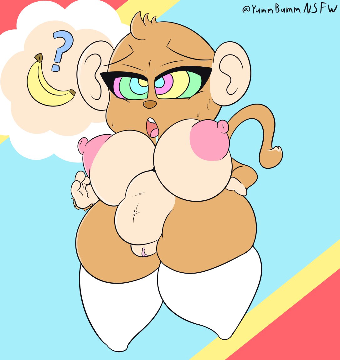 anthro areola banana big_breasts big_ears blue_background bodily_fluids breasts brown_body brown_fur clothing drooling earthbound_(series) featureless_feet female food fruit fur genitals hand_on_hip haplorhine head_tuft huge_breasts hypnosis legwear mammal mind_control monkey navel nintendo nipples nude open_mouth pink_areola pink_nipples plant primate pussy question_mark red_background saliva simple_background skindentation slightly_chubby solo tan_body tan_fur thick_thighs thigh_highs thought_bubble tuft white_clothing white_legwear white_thigh_highs wide_hips yellow_background yummercummer