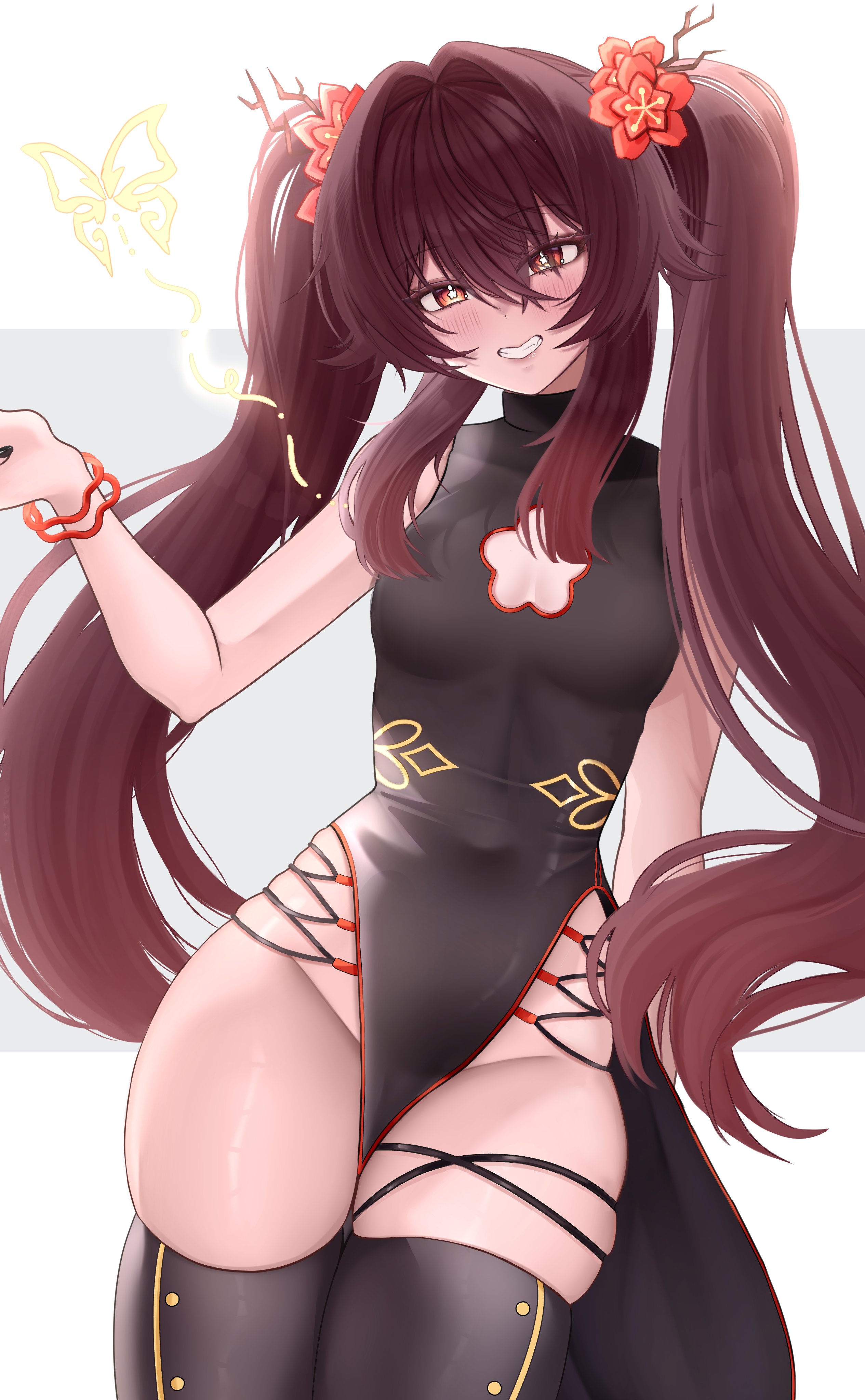 1girls, breasts, brown hair, china dress, chinese clothes, clothed, clothing, female, female only, genshin impact, hu tao (genshin impact), looking at viewer, pelvic curtain, red eyes, skimpy, skimpy clothes, small breasts, smile, thick thighs, thighhighs, thighs, twintails, wide hips