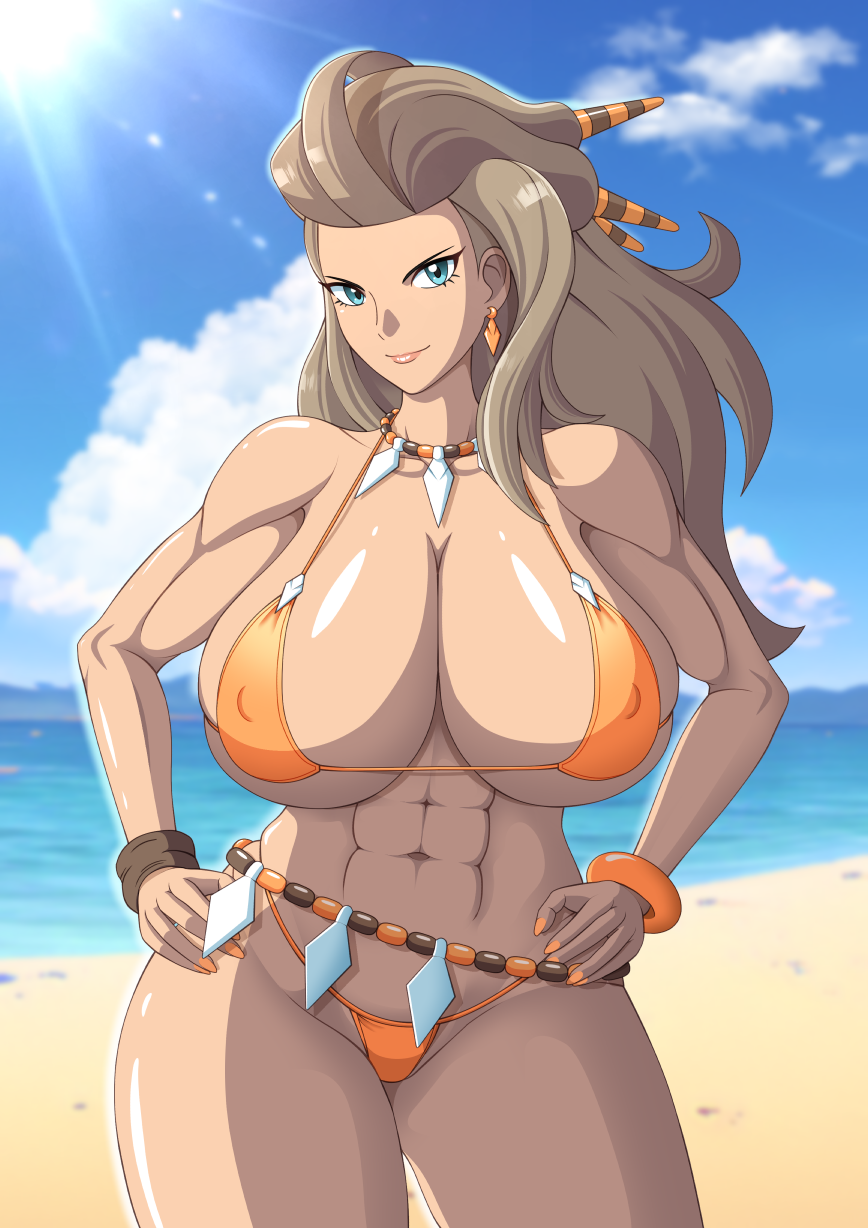 1girls abs alternate_breast_size beach bikini blue_eyes breasts brown_hair brown_skin cave_girl cavegirl cavewoman cleavage dark-skinned_female dark_skin female game_freak hips huge_breasts jungle jungle_girl loincloth long_hair massive_breasts muscular muscular_female nintendo nipple_bulge outdoors pokemon pokemon_sv professor_sada_(pokemon) s.forest sunny thick_thighs thighs wide_hips