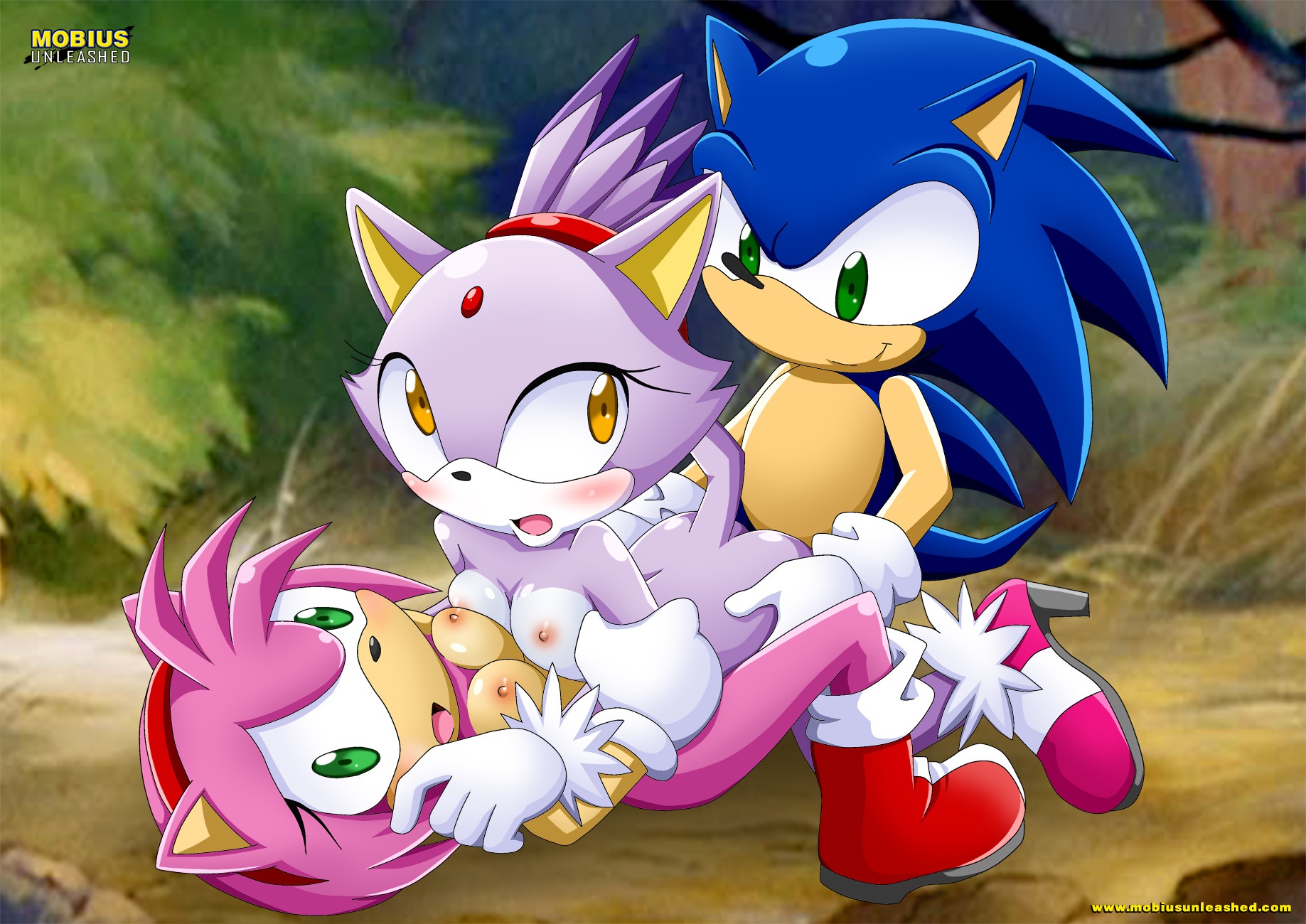 1boy, 2girls, amy rose, ass, bbmbbf, blaze the cat, blue fur, blush, breasts, doggy style, female, from behind, glove, holding ass, horny, implied penetration, implied sex, looking back, male, mobius unleashed, palcomix, pink fur, purple fur, sega, small breasts, sonic (series), sonic the hedgehog, sonic the hedgehog (series), threesome