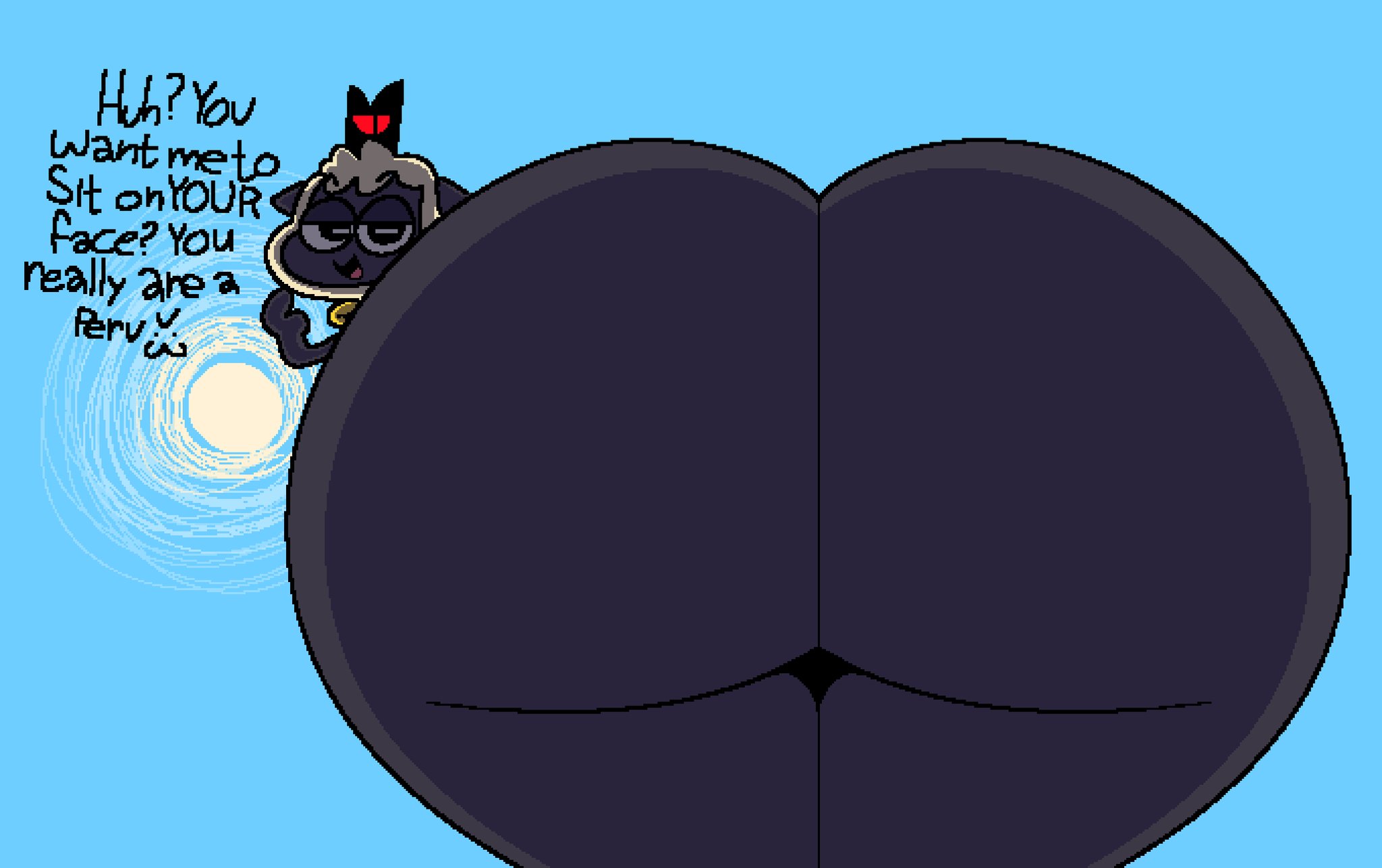 :3, 2d, alexdogg 72, ambiguous gender, anthro, anthro only, ass, ass focus, bedroom eyes, bell collar, big ass, big butt, black body, blue background, bottomless, bovid, butt focus, caprine, cult of the lamb, dialogue, dirty talk, furry, huge ass, huge butt, hyper, hyper ass, hyper butt, imminent facesitting, lamb (cult of the lamb), looking at viewer, looking back, looking down, male, open mouth, presenting, presenting hindquarters, rear view, red crown (cult of the lamb), seductive, sheep, simple background, smile, solo, solo male, sun, teasing, text, thick thighs, white fur, wide hips, wool (fur), worm's-eye view