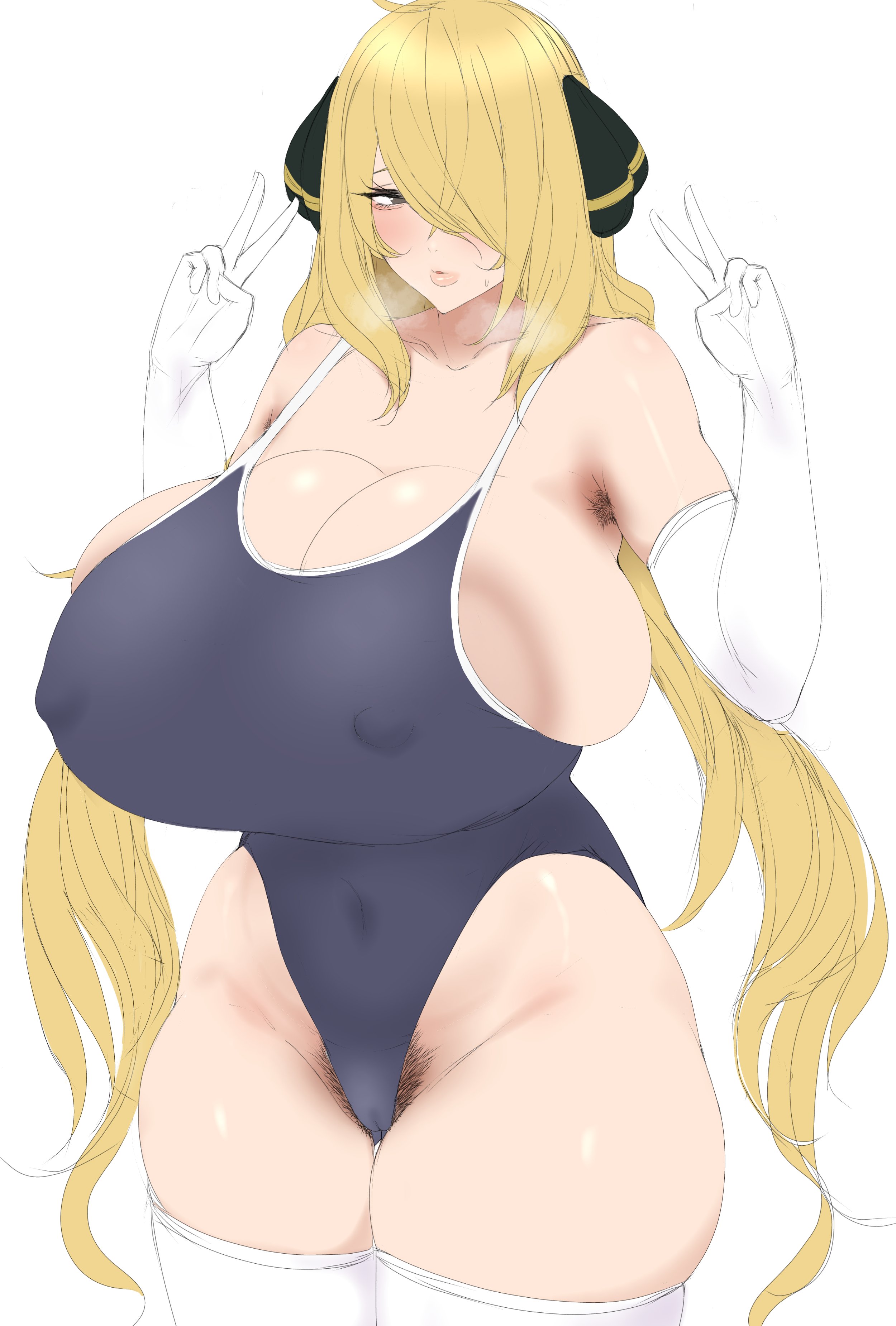 1girls, 2023, aizawa marimo, alternate body type, alternate breast size, areola slip, areolae, armpit, armpit hair, big areola, big breasts, blonde hair, blush, breasts, breath, cleavage, clothed, clothed female, curvaceous, curvy, curvy female, curvy figure, cynthia (pokemon), female, female focus, female only, game freak, gloves, grey eyes, hair ornament, hair over one eye, hi res, hips, huge areolae, huge breasts, long gloves, long hair, looking at viewer, mature, mature female, milf, nintendo, nipple bulge, one-piece swimsuit, peace sign, pokemon, pokemon dppt, pubic hair, pubic hair peek, sideboob, solo, solo female, solo focus, steam, steamy breath, thick thighs, thighhighs, thighs, voluptuous, voluptuous female, white background, white gloves, white thighhighs, wide hips