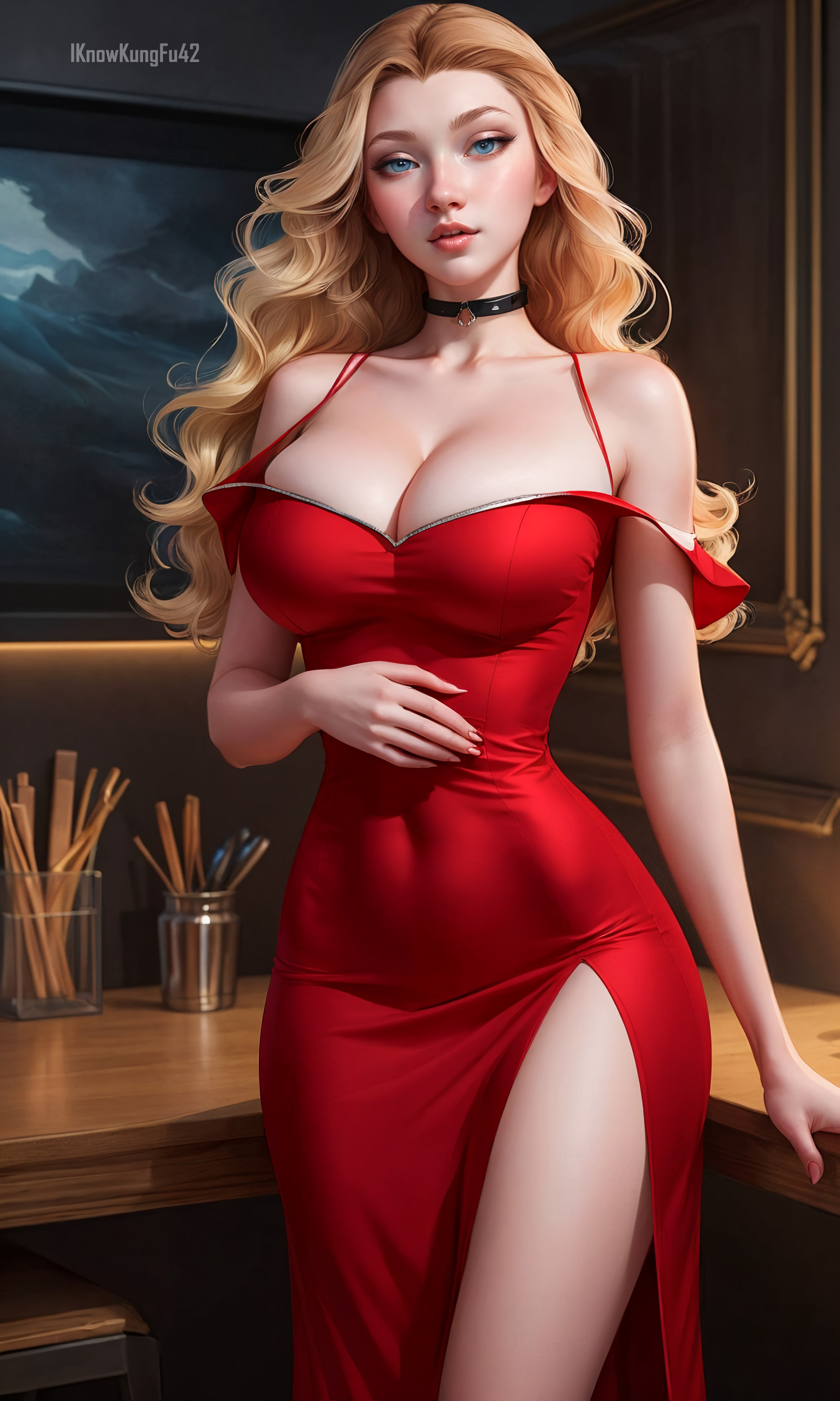 1girls, ai generated, artist name, big breasts, blonde hair, blue eyes, breasts, busty, choker, cleavage, clothed, clothing, curvaceous, curvy, curvy figure, detailed background, dress, eyelashes, female, female human, female only, hi res, high resolution, highres, hips, hourglass figure, human, iknowkungfu42, large breasts, light skin, light-skinned female, lips, long hair, looking at viewer, original, original character, parted bangs, parted lips, red clothing, red dress, seductive, seductive look, skin tight, solo, thighs, voluptuous, wavy hair, wide hips