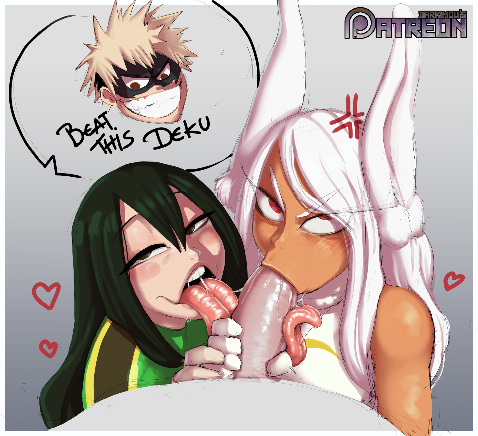 1boy, 2girls, blowjob, dark skin, dark-skinned female, darkminou, english text, fellatio, female, green hair, green-haired female, hero outfit (mha), katsuki bakugou, light skin, light-skinned female, long tongue, male, miruko, my hero academia, pale skin, pale-skinned female, penis, rumi usagiyama, sucking, sucking penis, threesome, tonguejob, tsuyu asui, white hair, white-haired female