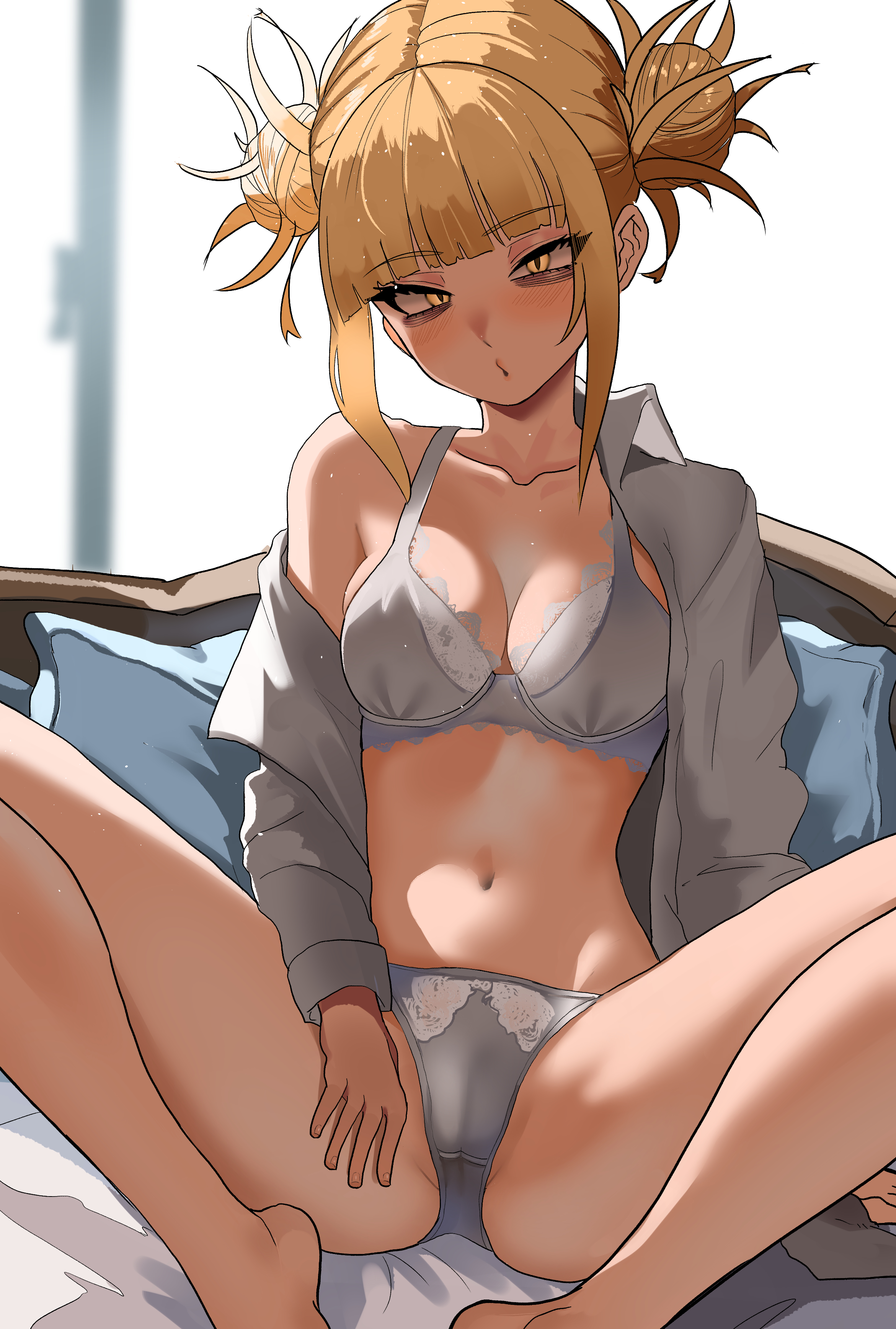 1girls, bed, blonde hair, blonde-haired female, blush, bra, female, himiko toga, light skin, light-skinned female, my hero academia, on bed, panties, pillows, seductive, solo, spread legs, voluptuous, voluptuous female, yellow eyes, yellow hair, zd (pixiv6210083)