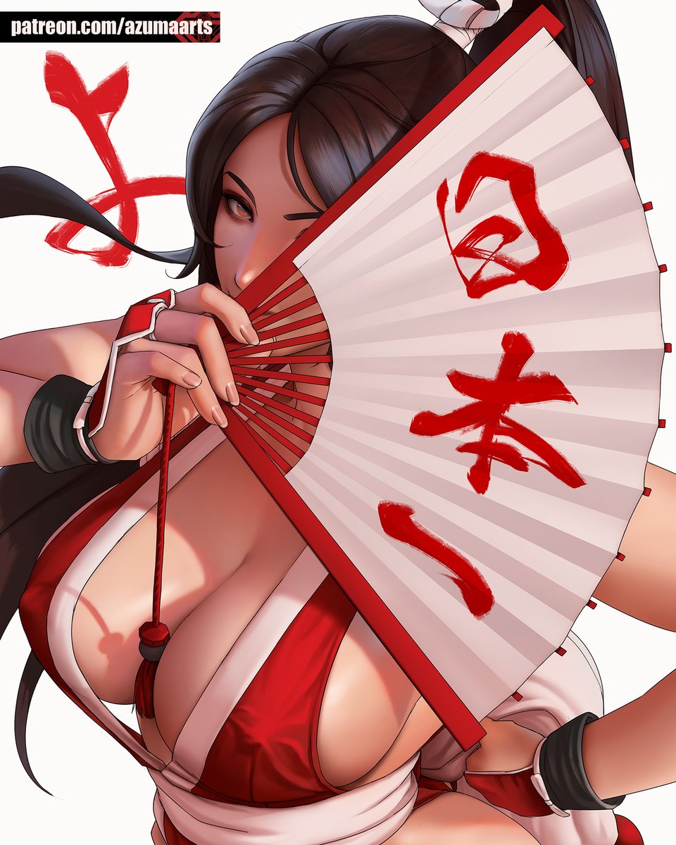 arm_guards azuma_yasuo azumaarts bare_shoulders big_breasts breasts brown_eyes brown_hair cleavage close-up closed_mouth collarbone cropped_torso fatal_fury female folded_fan folding_fan hair_ornament hand_fan high_ponytail highres holding holding_fan horny japanese_clothes king_of_fighters large_breasts long_hair looking_at_viewer mai_shiranui ninja ponytail portrait revealing_clothes rope sideboob simple_background snk solo upper_body white_background