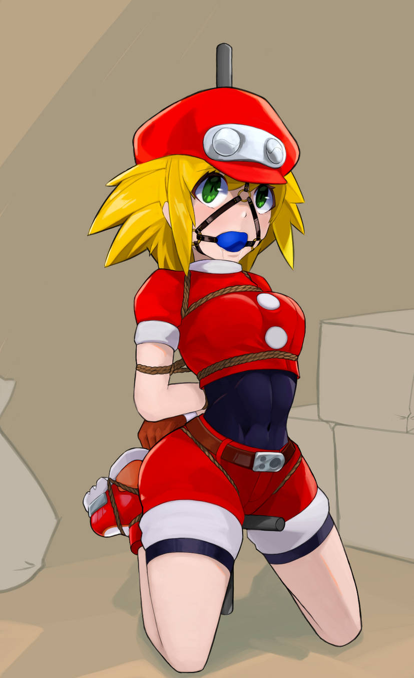 ball_gag blonde_hair bondage bound clothed_bondage crotch_rope gag gagged green_eyes kidnapped mega_man_legends pole roll_caskett shorts tagme tied_up usachang