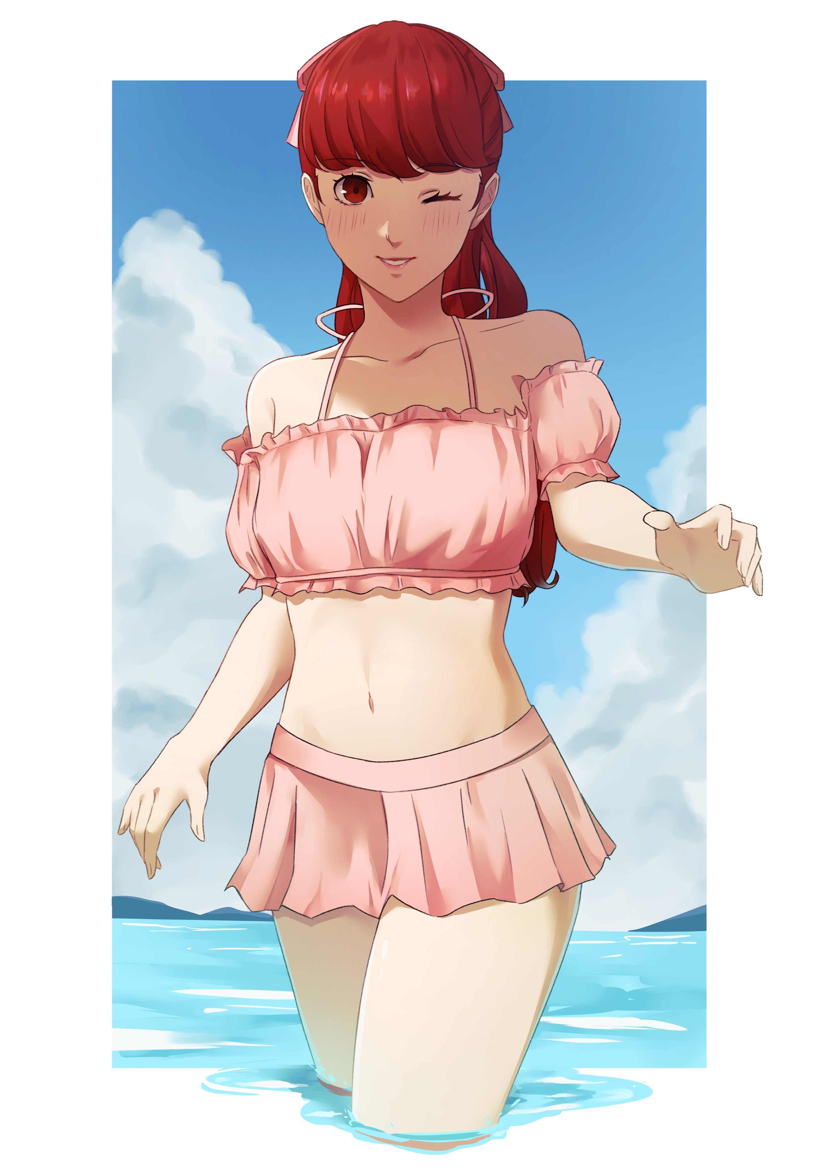 1girls, atlus, bikini, clouds, day, daytime, facing viewer, female, female only, kasumi yoshizawa, looking at viewer, navel, np pn88, one eye closed, persona, persona 5, persona 5 royal, ponytail, red eyes, red hair, sea, smile, smiling, smiling at viewer, solo, solo female, sumire yoshizawa, sumire yoshizawa (swimsuit), swimsuit, winking, winking at viewer