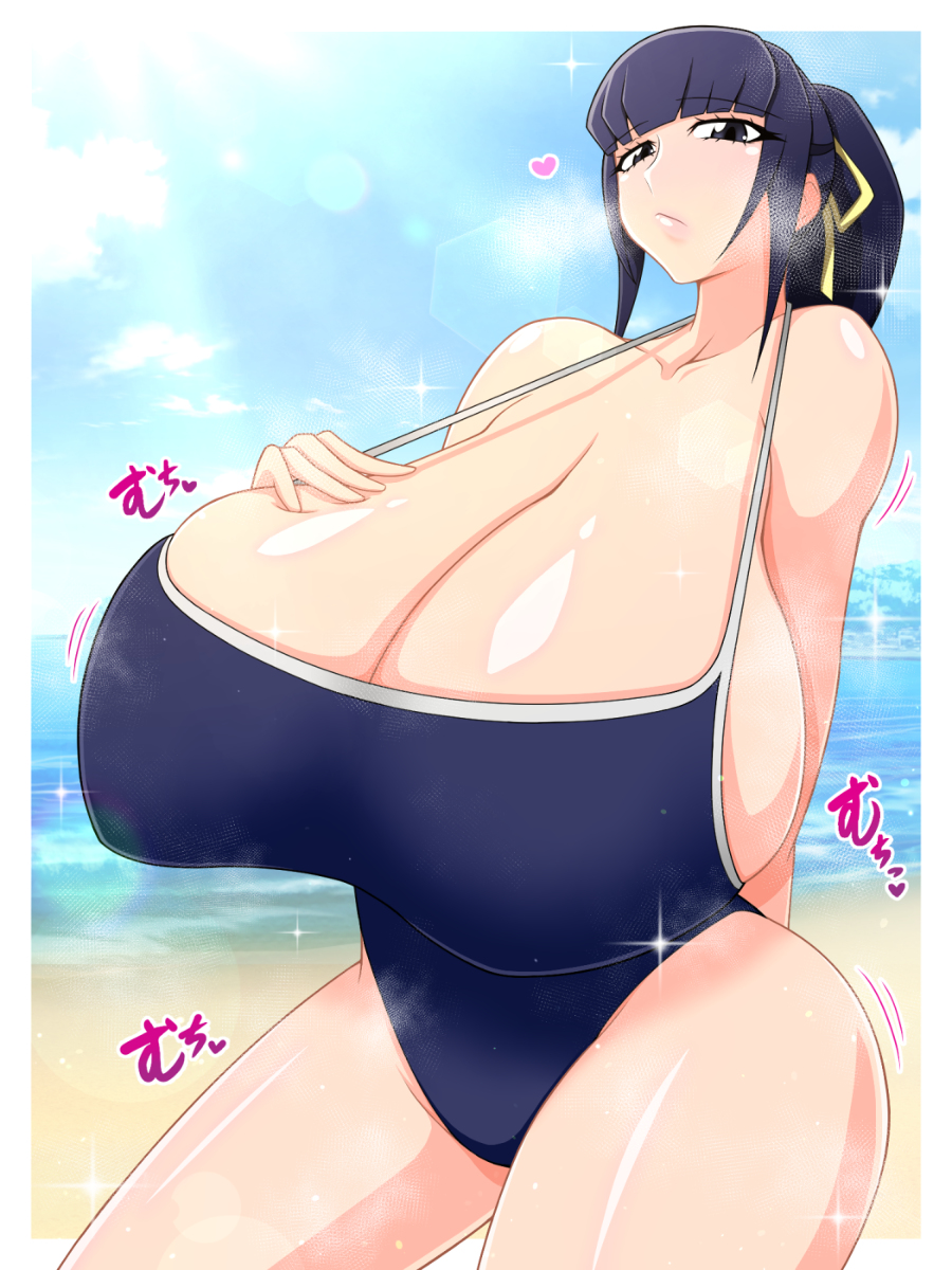 ass beach big_ass big_breasts big_butt breast_focus breasts breasts_bigger_than_head breasts_focus clothing eabeeee female female_only hair_ornament hand_on_breast heart huge_breasts looking_at_viewer mostly_clothed narberal_gamma one-piece_swimsuit overlord_(maruyama) solo solo_female solo_focus steam steaming_body steamy_breath swimsuit tagme thick_thighs