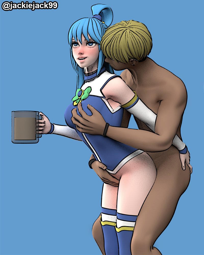 1boy 1girls 3d alcohol aqua_(konosuba) beer blonde_hair blue_hair dark-skinned_male drunk female from_behind jackiejack99 kono_subarashii_sekai_ni_shukufuku_wo! male pale-skinned_female penetration sex simple_background