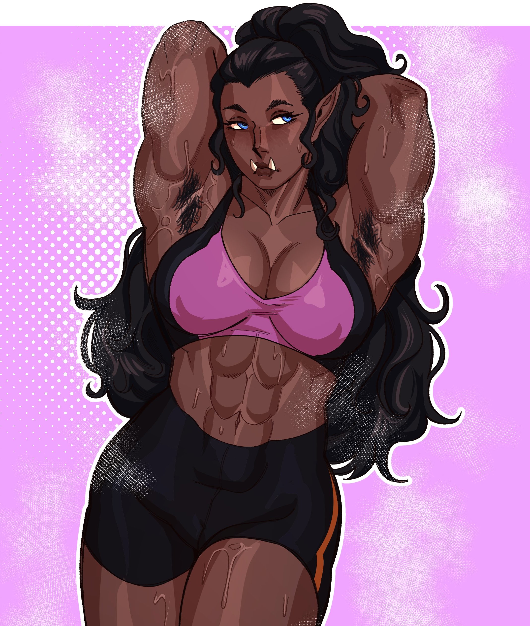 1girls, abs, armpit hair, armpits, arms behind head, black hair, blue eyes, commission, dark skin, dark-skinned female, fangs, female, female armpit hair, female only, hi res, long hair, looking away, muscular, muscular female, nastacicnsfw, orc, orc female, pointy ears, solo, sportswear, steam, sweat