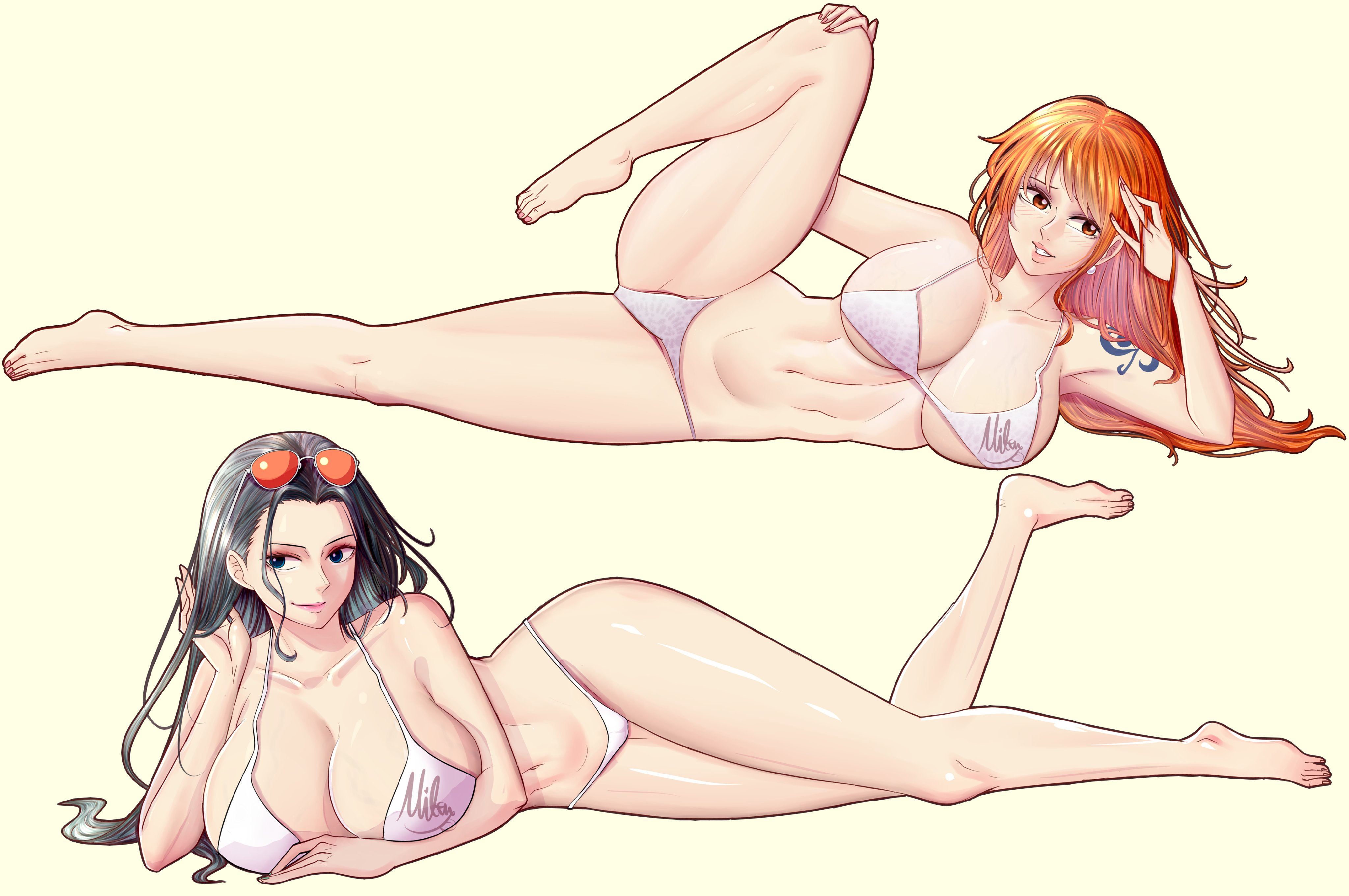 2girls, arm tattoo, black hair, black-haired female, blue tattoo, female, female only, mifenami, nami (one piece), nico robin, one piece, orange hair, orange-haired female, post-timeskip, tagme, tattoo