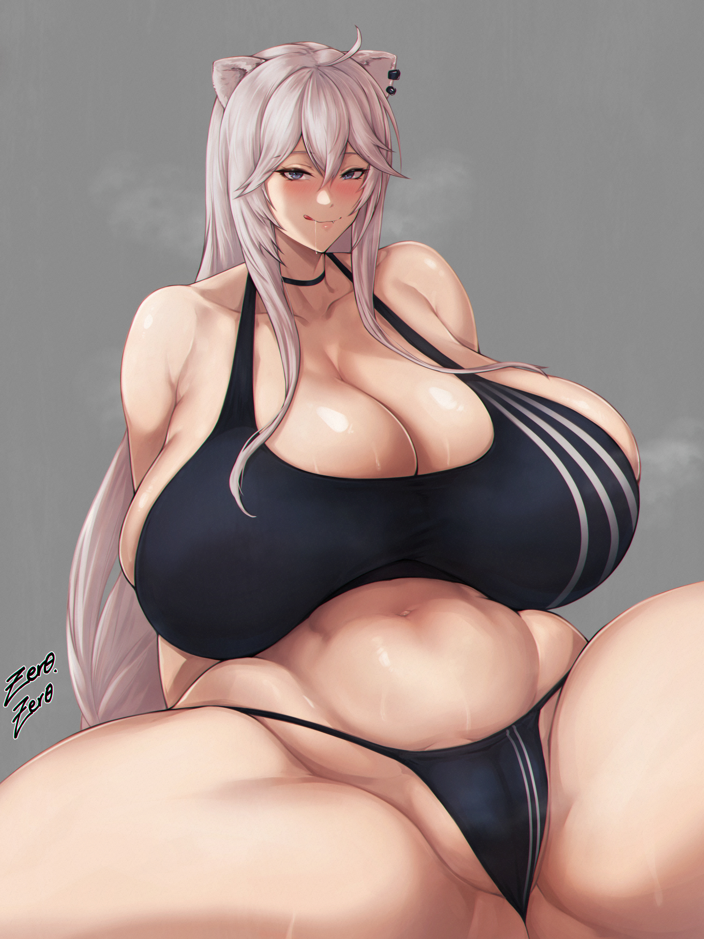 1girls, alternate breast size, animal ears, breasts, female, hi res, hips, hololive, hololive gen 5, hololive japan, huge breasts, kemonomimi, light skin, light-skinned female, lion ears, lion girl, long hair, medium support (meme), shishiro botan, silver eyes, simple background, sports bra, sportswear, spread legs, thick thighs, thighs, virtual youtuber, voluptuous, white hair, wide hips, zer0artzer0