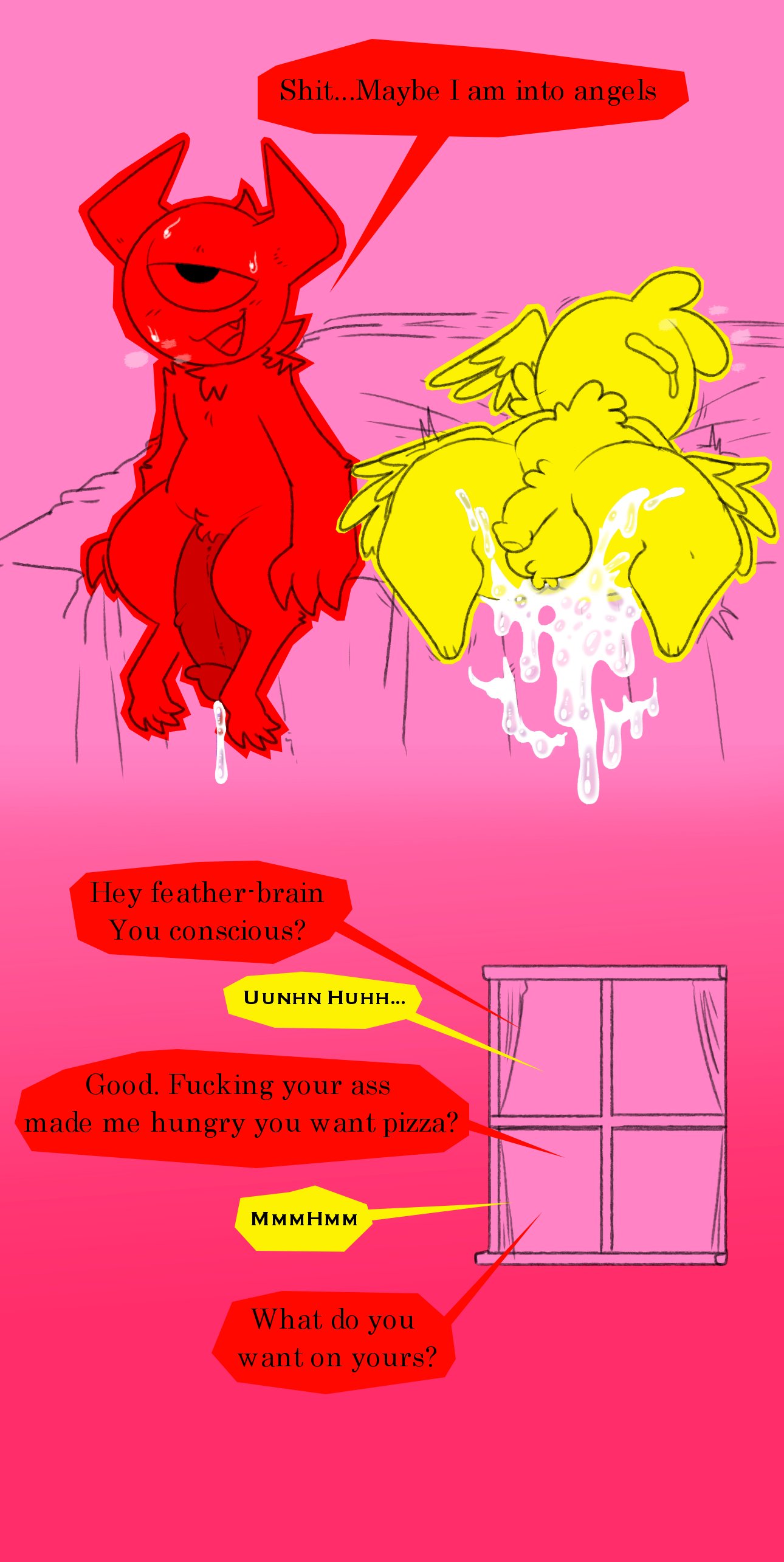 1_eye 2023 absurd_res after_sex angel ass aubrey_(nylonheretic) balls bed bedding big_butt big_penis bodily_fluids breath_cloud cherub chest_tuft claws cum digital_media_(artwork) duo english_text feathered_wings feathers furniture genital_fluids genitals head_tuft hi_res horn huge_butt huge_cock humanoid hyper hyper_butt hyper_genitalia hyper_hips hyper_penis imp krylon_(nylonheretic) leaking_cum male male/male not_furry nude nylonheretic penis profanity simple_background sweat teapot_(body_type) text tuft window winged_arms wings wings_on_head