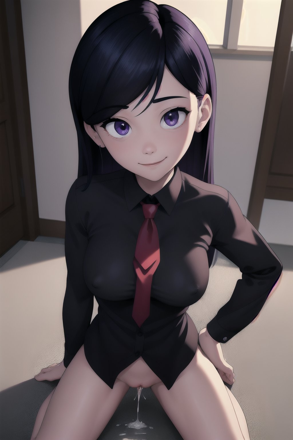 1girls after_sex after_vaginal ai_generated black_hair black_shirt cum cum_in_pussy dark_hair female female_only long_hair neuronude red_tie smile solo the_incredibles violet_eyes violet_parr