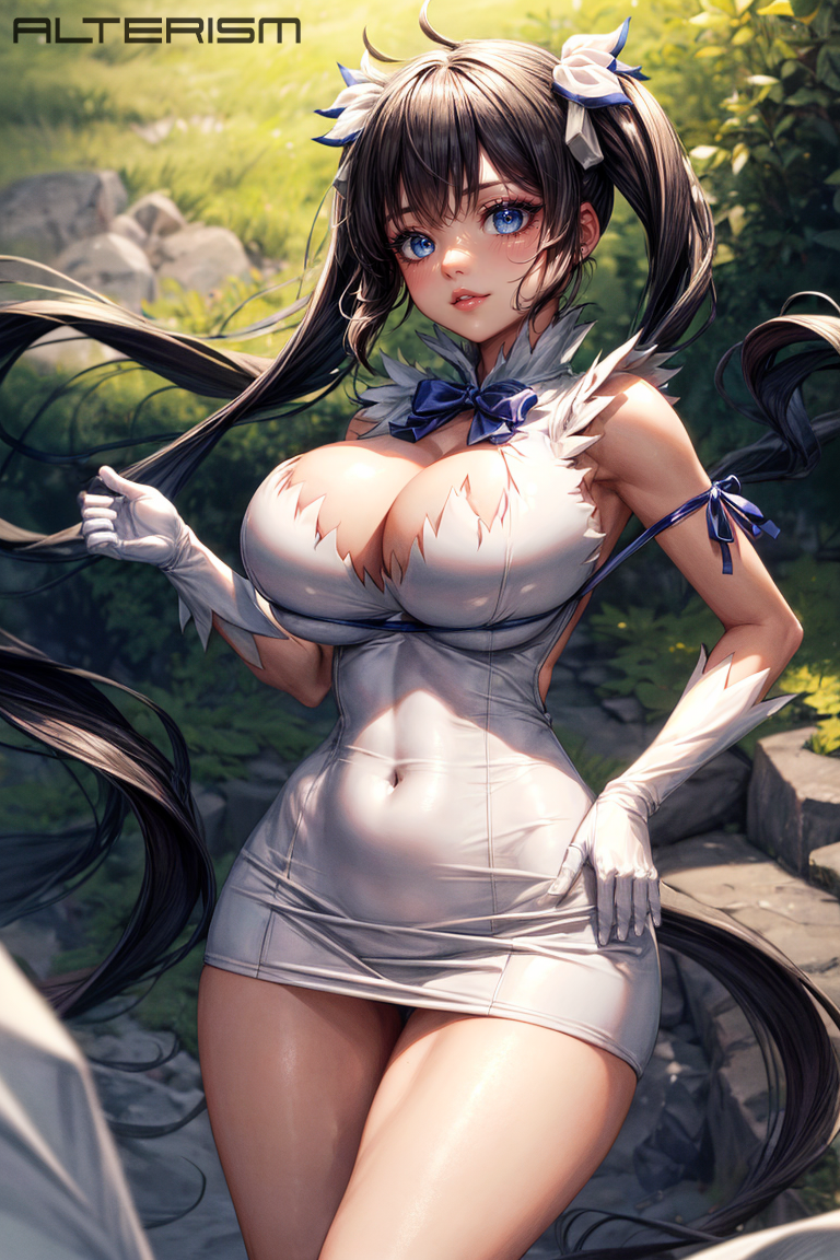 ai_generated alterism black_hair blue_eyes blue_ribbon cleavage dungeon_ni_deai_wo_motomeru_no_wa_machigatteiru_darou_ka gloves hestia_(danmachi) hourglass_figure large_breasts long_hair outdoors rei_no_himo short_dress skintight stable_diffusion thick_thighs twintails white_dress