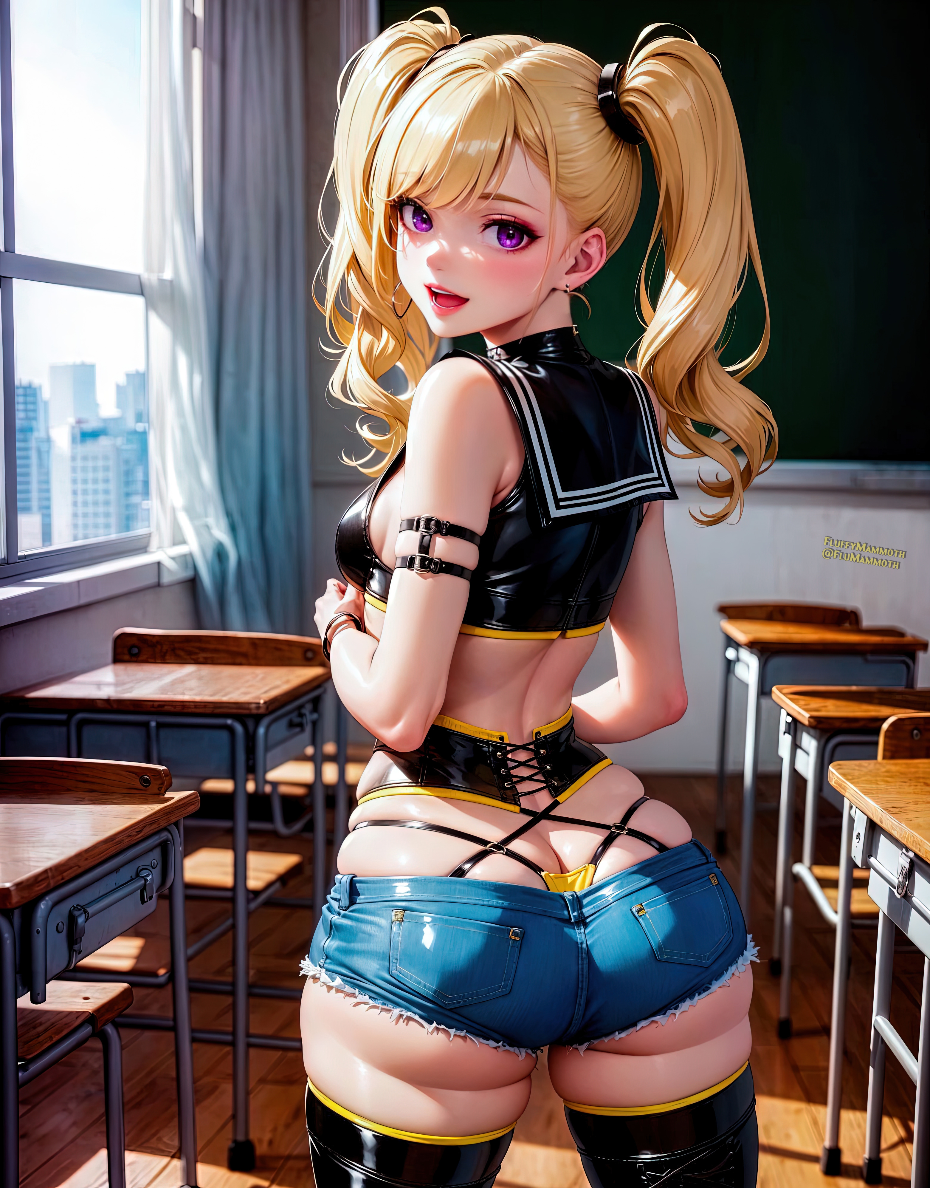 ai generated, ass, black thighhighs, blonde hair, breasts, chair, classroom, cross-laced clothes, denim, denim shorts, desk, female, fluffymammoth, from behind, indoors, long hair, looking at viewer, looking back, open mouth, original, purple eyes, school desk, shorts, smile, solo, thighhighs, thong, twintails, underwear, window