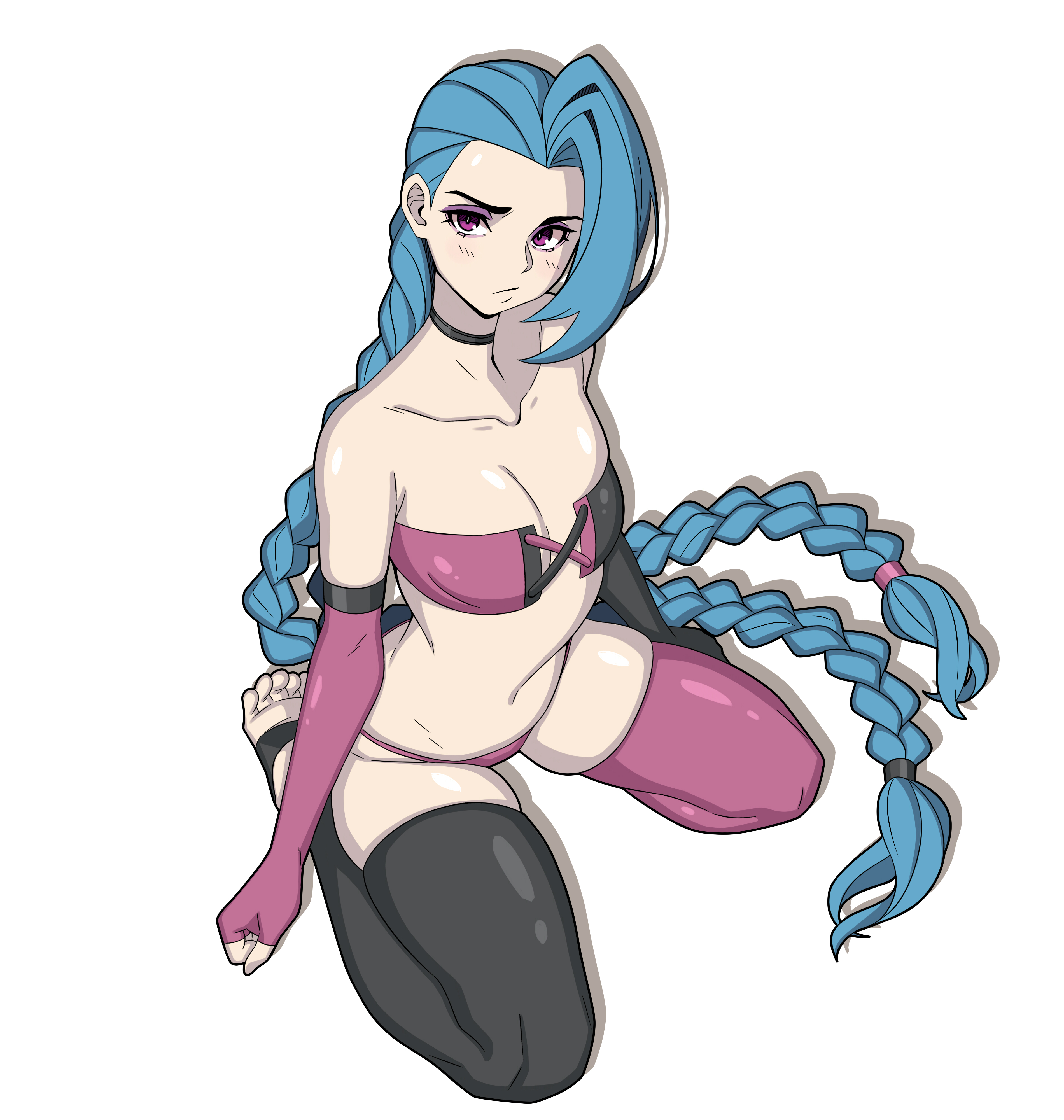 1girls, alternate costume, artist name, bare shoulders, blue hair, blush, braid, breasts, female, female only, fully clothed, jinx (league of legends), league of legends, league of legends: wild rift, long hair, medium breasts, original, potatoartox, purple eyes, simple background, sitting, small breasts, stockings, thick thighs, thighhighs, twin braids, very long hair