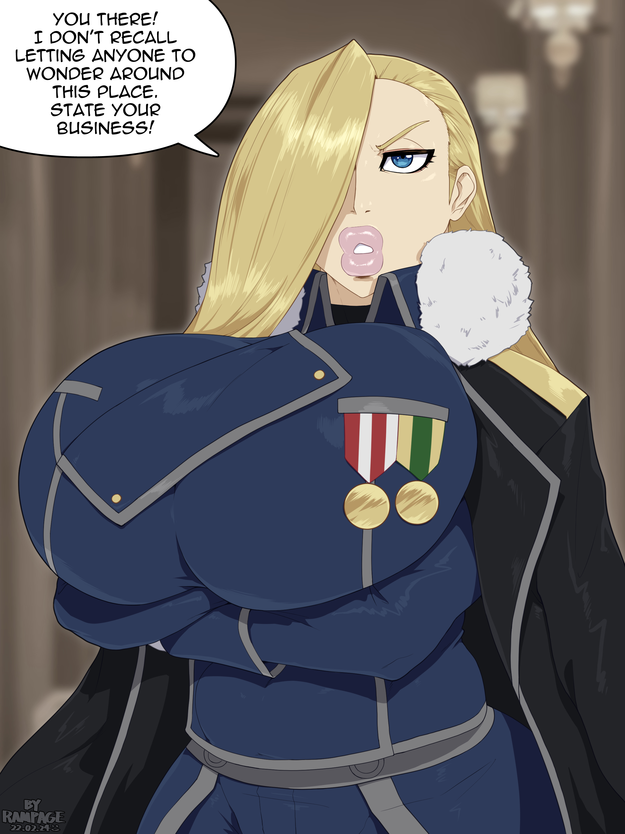 1girls, alternate version available, ass, blonde, blonde female, blonde hair, blonde-haired female, blue eyes, blue-eyed female, breasts, cameltoe, cleavage, curvy, erect nipples, female, fullmetal alchemist, gigantic breasts, huge areolae, huge ass, nipples, olivier mira armstrong, puffy nipples, pussy, rampage0118, thick lips, very long hair, very long-haired female, voluptuous, wide hips, yellow hair