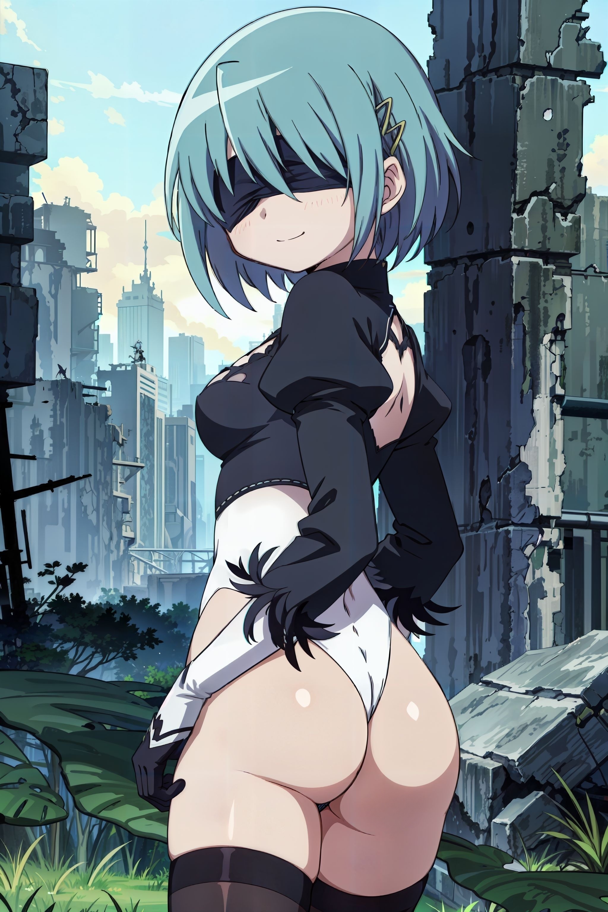 1girls, 2023, ai generated, ass, ass focus, back view, blindfold, blue eyes, blue hair, bubble ass, bubble butt, butt focus, cosplay, crossover, cute, female, human, human only, light skin, light-skinned female, looking at viewer, looking back, mahou shoujo madoka magica, miki sayaka, nier: automata, petite, petite body, petite female, puella magi madoka magica, short hair, slim female, slim waist, thighhighs, thighs, turned around, yorha 2b (cosplay)