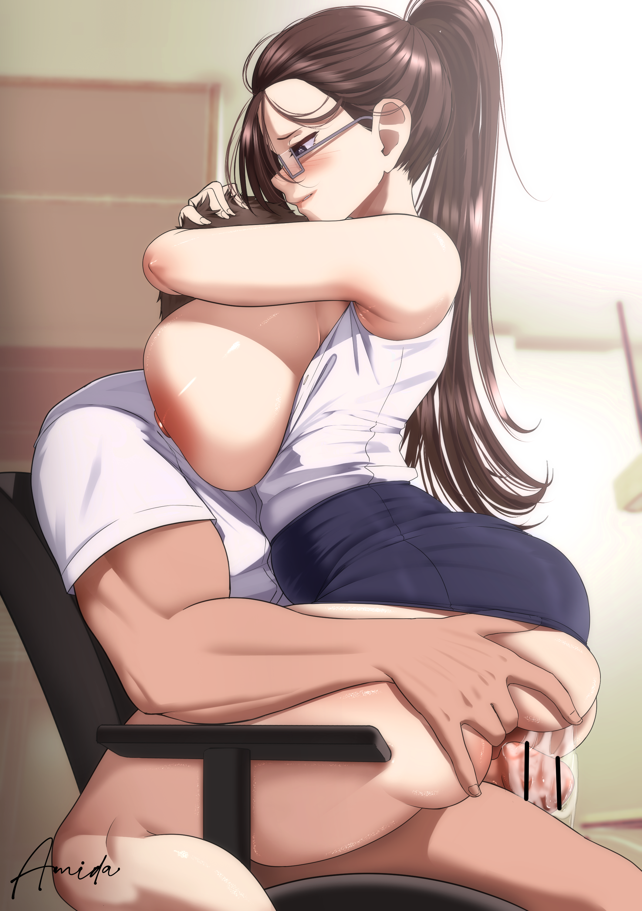 1boy, 1girls, 2023, absurdres, after sex, after vaginal, alternate costume, amidasketchbook, artist name, ass, blush, breast smother, breasts, breasts out, brown eyes, brown hair, censor bar, censored, censored penis, cleavage, cowgirl position, cum, cum in pussy, cum inside, female, female focus, fire emblem, fire emblem fates, glasses, hair over one eye, highres, hug, huge breasts, kagero (fire emblem), large ass, light skin, light-skinned female, looking down, male, muscular, muscular male, nintendo, nipples, office, office lady, penis, ponytail, pussy, shirt, skirt, straight, watermark