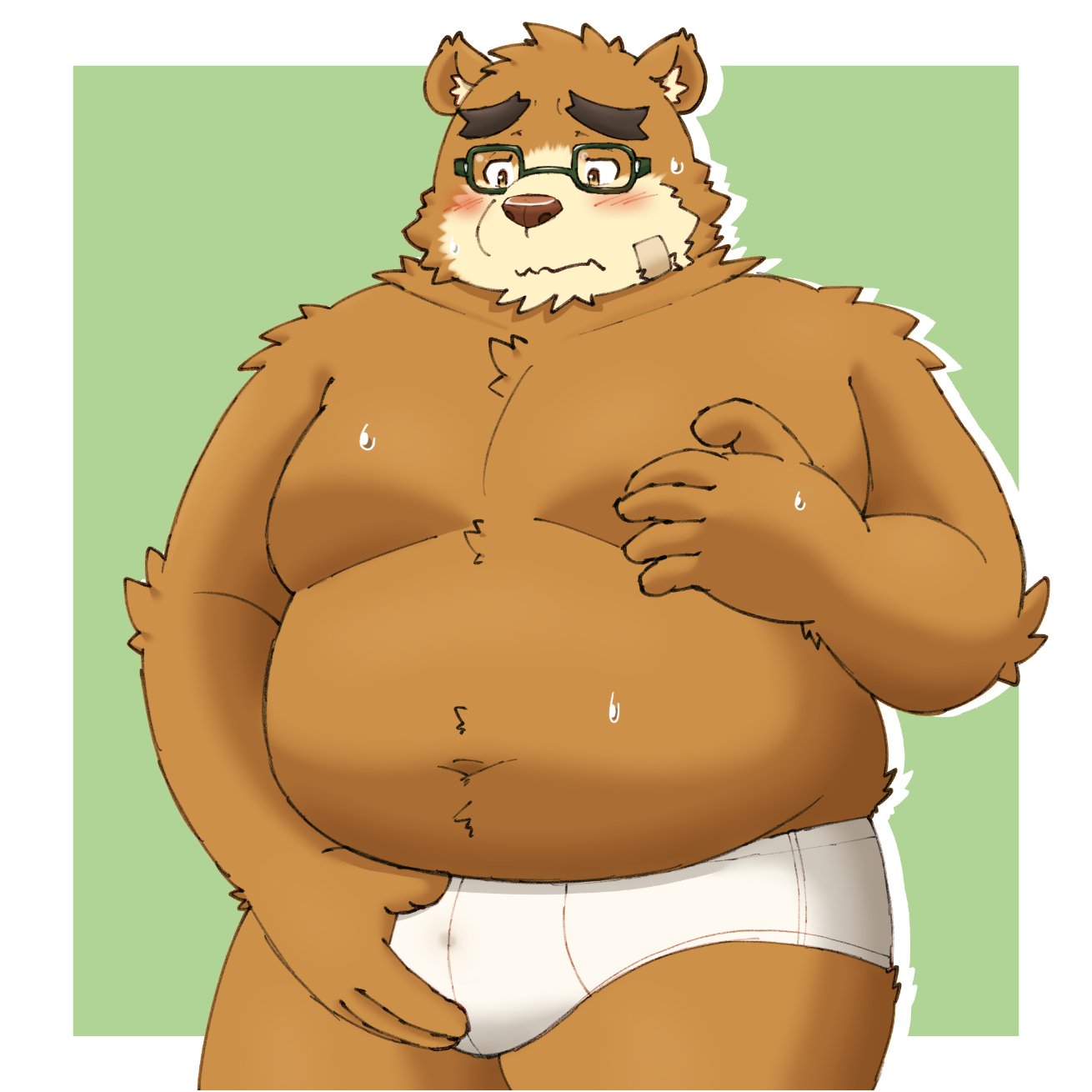 anthro bear belly blush bodily_fluids briefs brown_body brown_fur clothing embarrassed eyewear fur genital_fluids glasses hi_res lifewonders male mammal moobs navel overweight precum precum_through_clothing solo sweat tighty_whities tokyo_afterschool_summoners underwear volos wet wet_clothing white_briefs white_clothing white_underwear yaki_atsuage