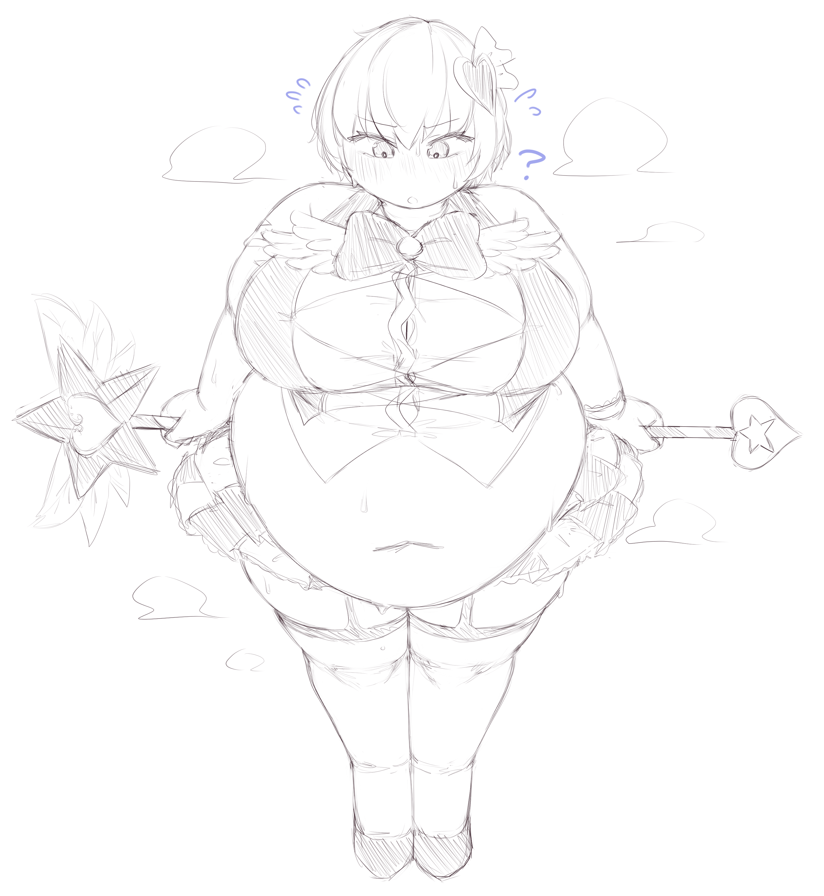 1girls, angela (library of ruina), angela (lobotomy corporation), belly, big belly, big breasts, blush, breasts, chubby, chubby female, cosplay, fat, fat female, fat fetish, female, female only, library of ruina, lobotomy corporation, magical girl, monochrome, onomatopoeia, overweight, project moon, queen of hatred, question mark, sketch, skirt, solo, suit, sweat, tagme, weight gain