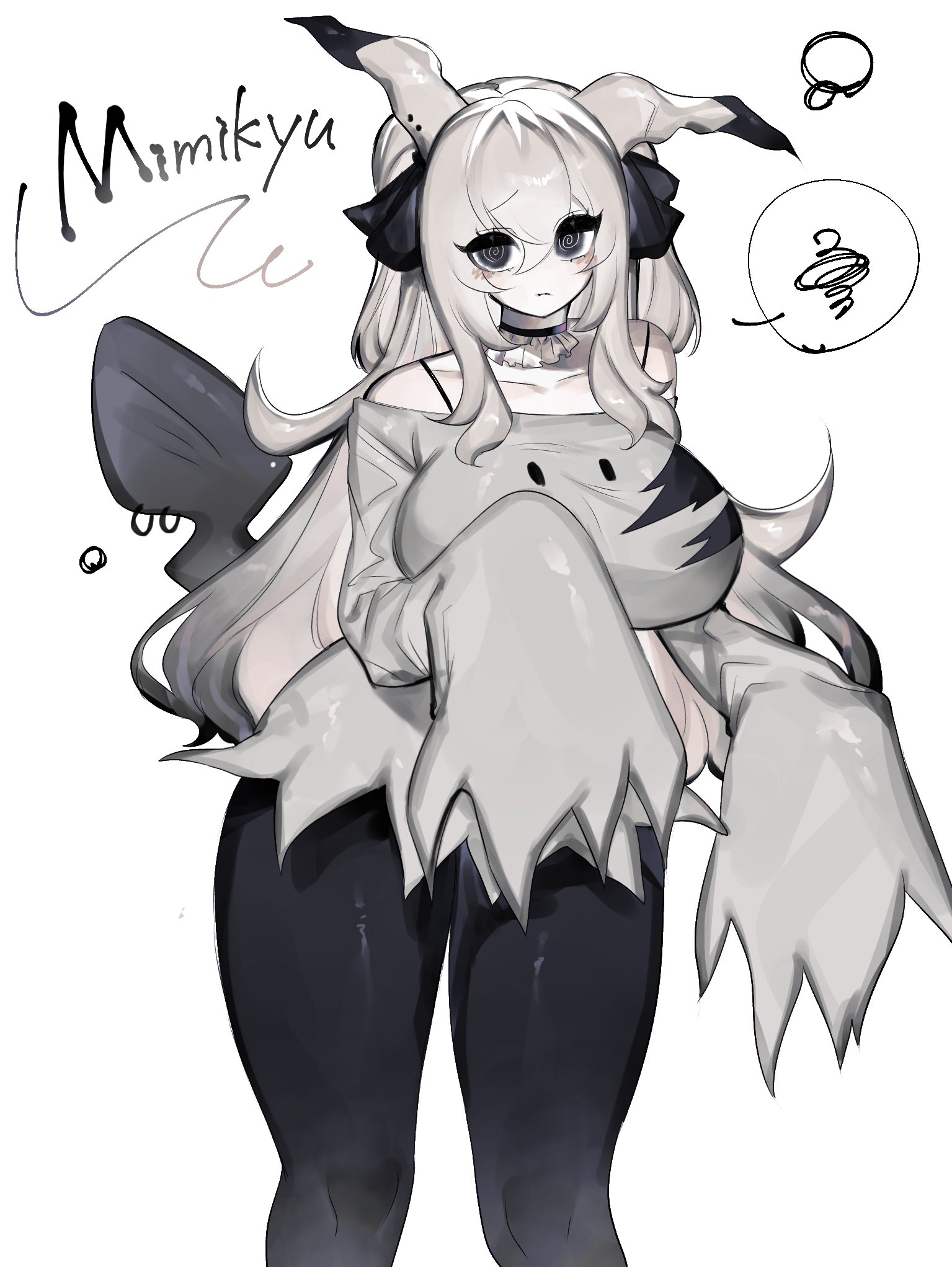 big breasts, blush, bra, breasts, cleavage, clothed, clothing, creatures (company), ear, eyebrows, eyebrows visible through hair, eyelashes, eyes, female, game freak, generation 7 pokemon, hair, mimikyu, mouth, nintendo, pokémon (species), pokemon, pokemon (species), shiny pokemon, solo, tail, thick thighs, thought bubble, toge77789, togetoge, url