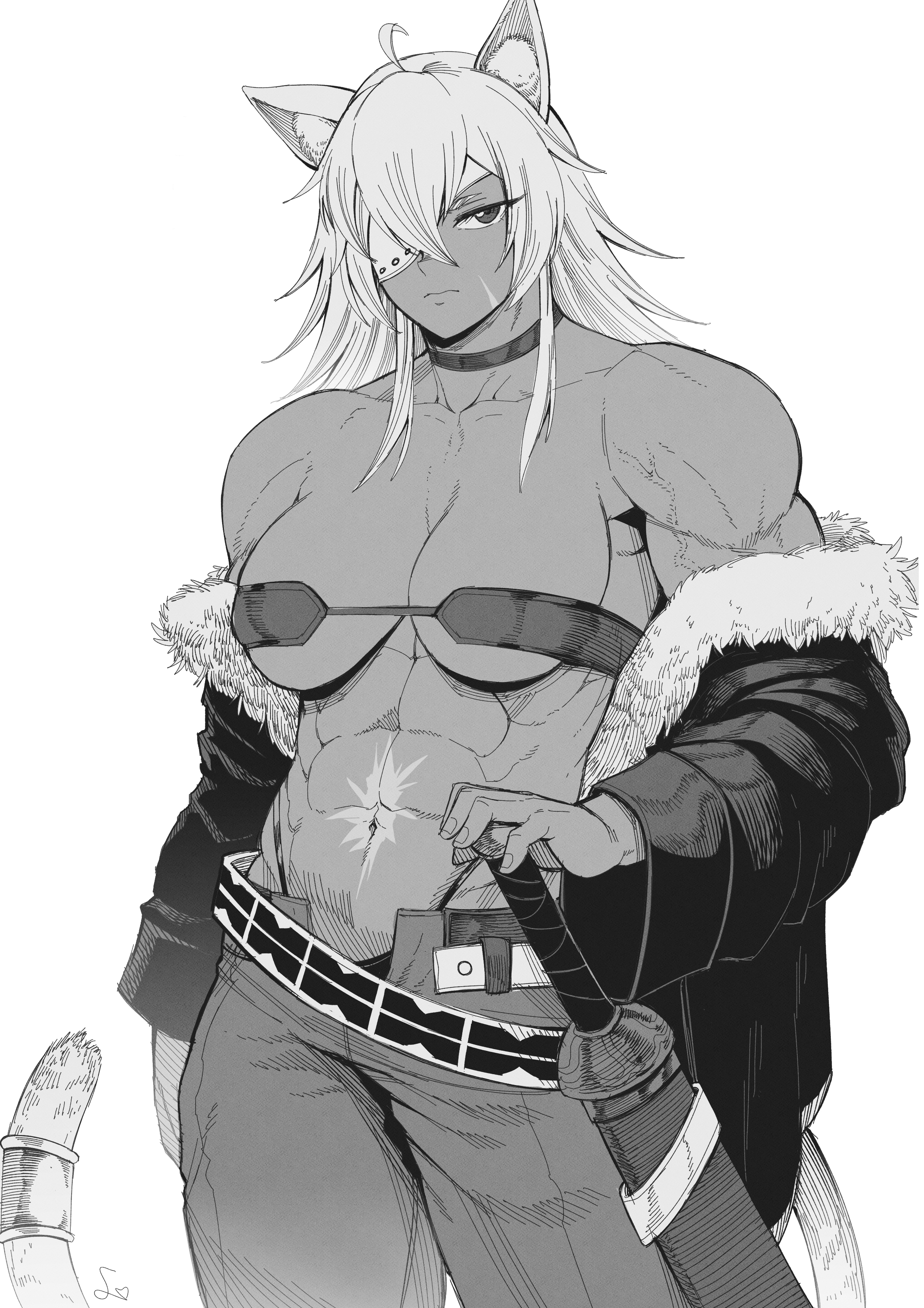 1girls, abs, absurd res, animal ears, bare shoulders, breasts, cat ears, cat tail, choker, cleavage, dark skin, dark-skinned female, eyepatch, female, fur trim, ghislaine dedoldia, greyscale, hi res, highleg, highleg panties, large breasts, looking at viewer, monochrome, muscular, muscular female, mushoku tensei, navel, obliques, open pants, scar, signature, solo, speedl00ver, tail, thong, underboob, veins, weapon, white background