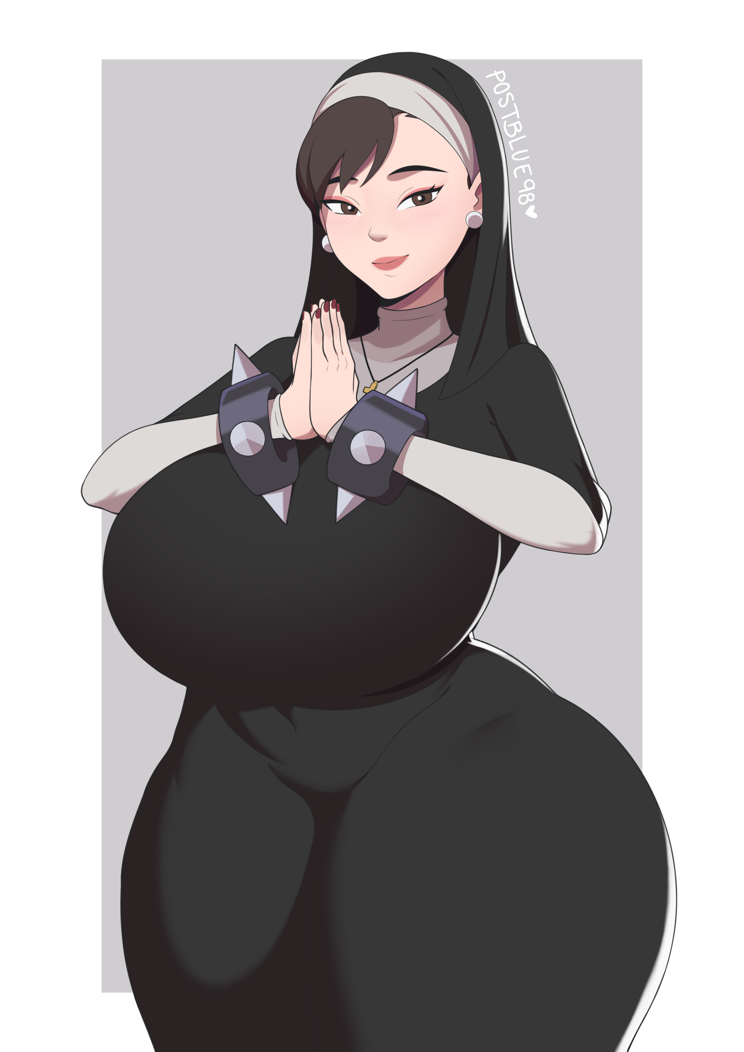 1girls, breasts, capcom, chun-li, clothed, female, female only, fully clothed, hi res, hips, huge breasts, light skin, light-skinned female, nun, nun outfit, nun's habit, postblue98, solo, street fighter, thick thighs, thighs, voluptuous, wide hips