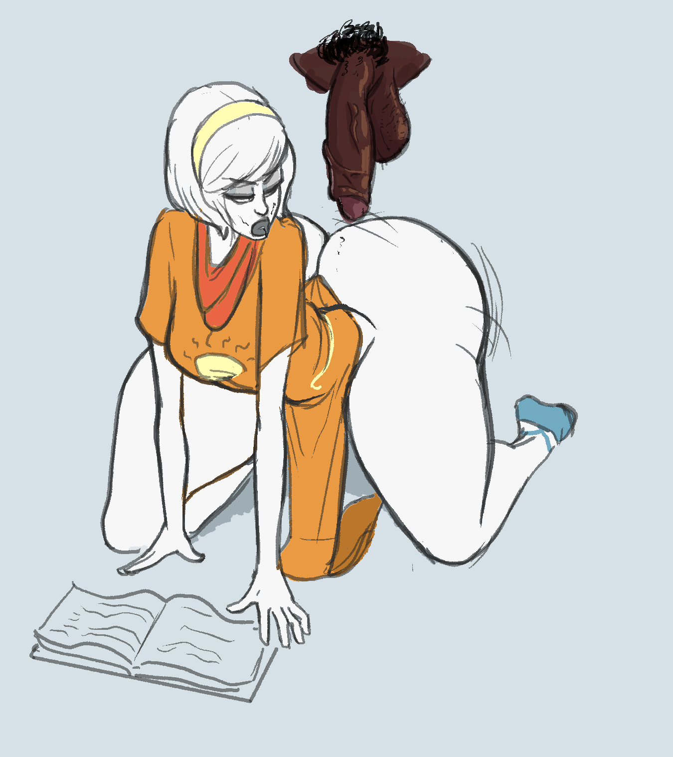 1boy, 1girls, ass, dark skin, dark-skinned male, disembodied penis, edit, fat ass, female, homestuck, male, penis, putricia, rose lalonde, third-party edit, twerk, twerking