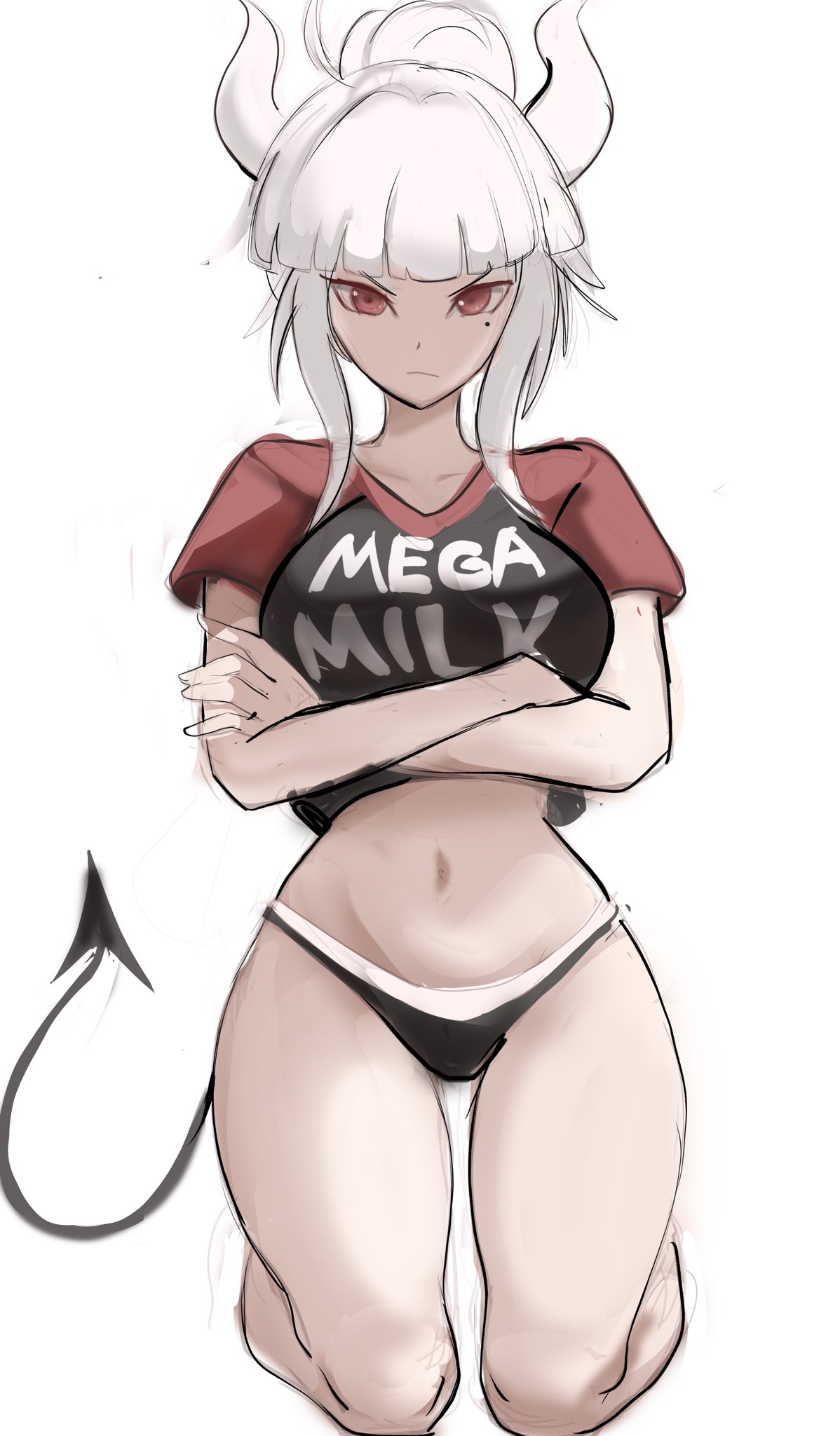 1girls, arms crossed under breasts, breasts, demon, demon girl, demon horns, demon tail, demoness, female, helltaker, horns, looking at viewer, lucifer (helltaker), navel, on knees, panties, rakeemspoon, red eyes, solo, solo female, white background, white hair, wide hips