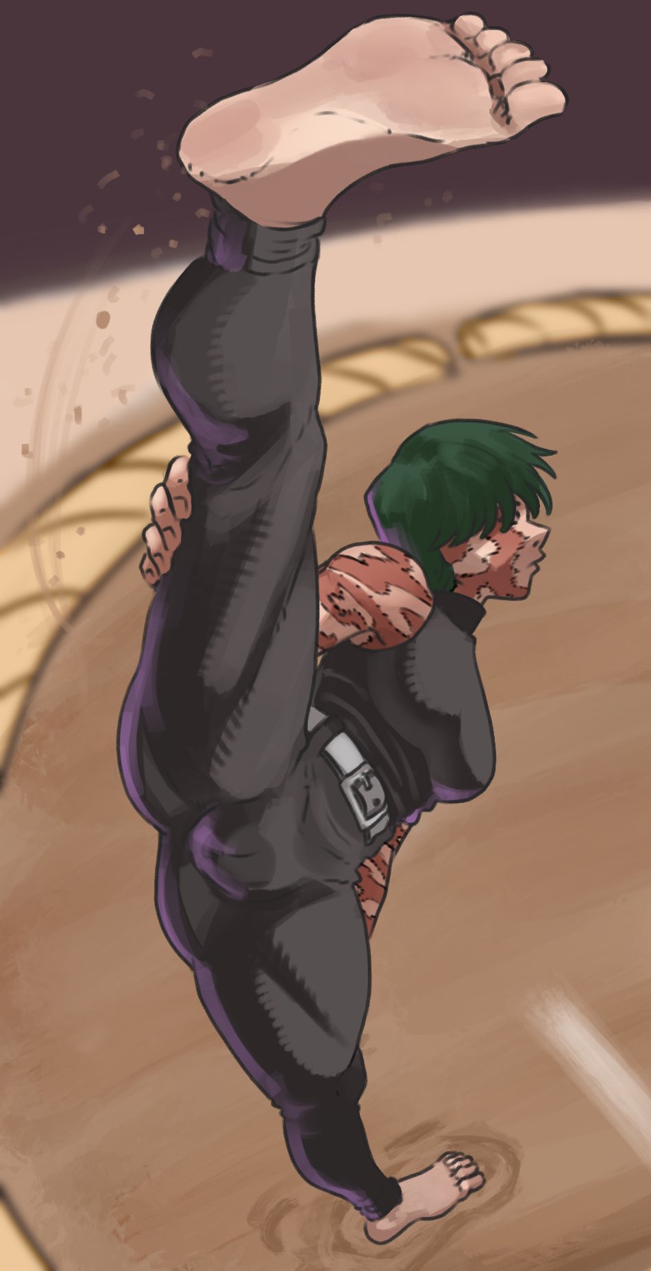 1girls athletic_female barefoot feet fit_female foot_fetish foot_focus foot_up green_hair incinerated_art jujutsu_kaisen muscular_female scar short_hair soles solo solo_female solo_focus splits toes turtleneck zenin_maki