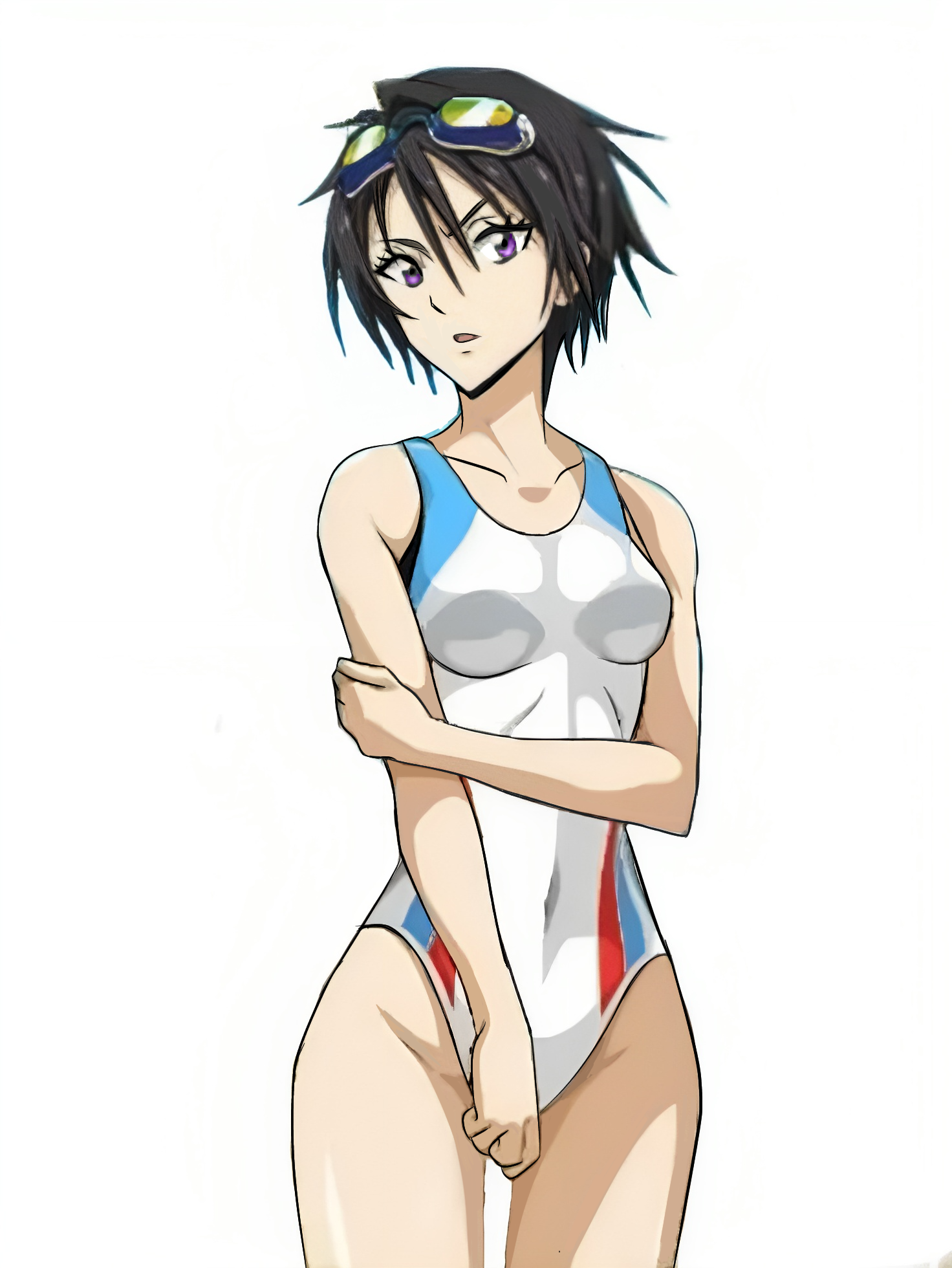 1girls, bikini, black hair, breasts, edit, female, female focus, female only, looking at viewer, medium breasts, official art, one-piece swimsuit, purple eyes, sakaguchi hinata, screencap, short hair, swimsuit, tensei shitara slime datta ken, tomboy