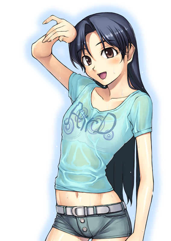 bra brown_eyes denim denim_shorts idolmaster kisaragi_chihaya lingerie long_hair navel shirt shorts tanaka_shoutarou underwear wet wet_clothes wet_shirt