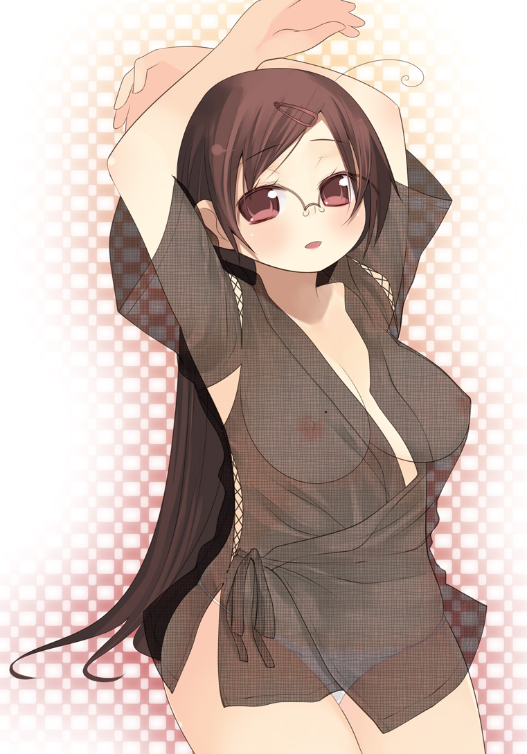 arima_senne blush breasts brown_eyes brown_hair cleavage female female_only glasses hair_ornament hairclip human kashiwamochi_yomogi megane mole mole_on_breast nipples open_mouth oppai original panties see-through solo underwear