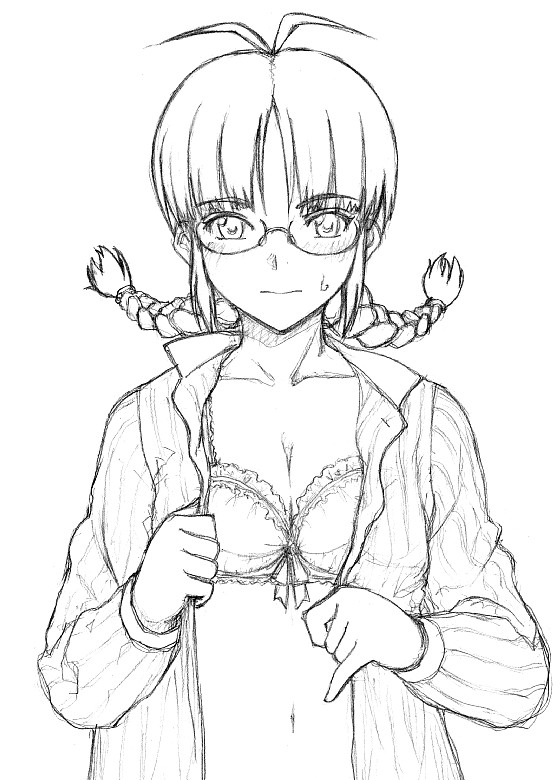 akizuki_ritsuko blush bra braid glasses idolmaster lingerie megane midriff monochrome open_clothes open_shirt shirt short_hair sketch tanaka_tanishi twin_braids underwear